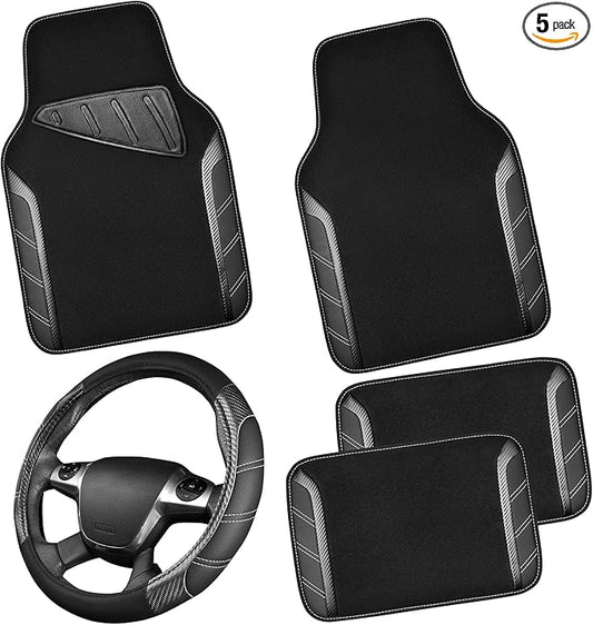 CAR PASS Leather Steering Wheel Cover and Waterproof Car Floor Mats,Microfiber Universal Car Combo Fit for 95% Sedan,SUV,Cars,14.5-15inch Sporty Anti-Slip Safety Comfortable Design(Carbon Fiber Black)