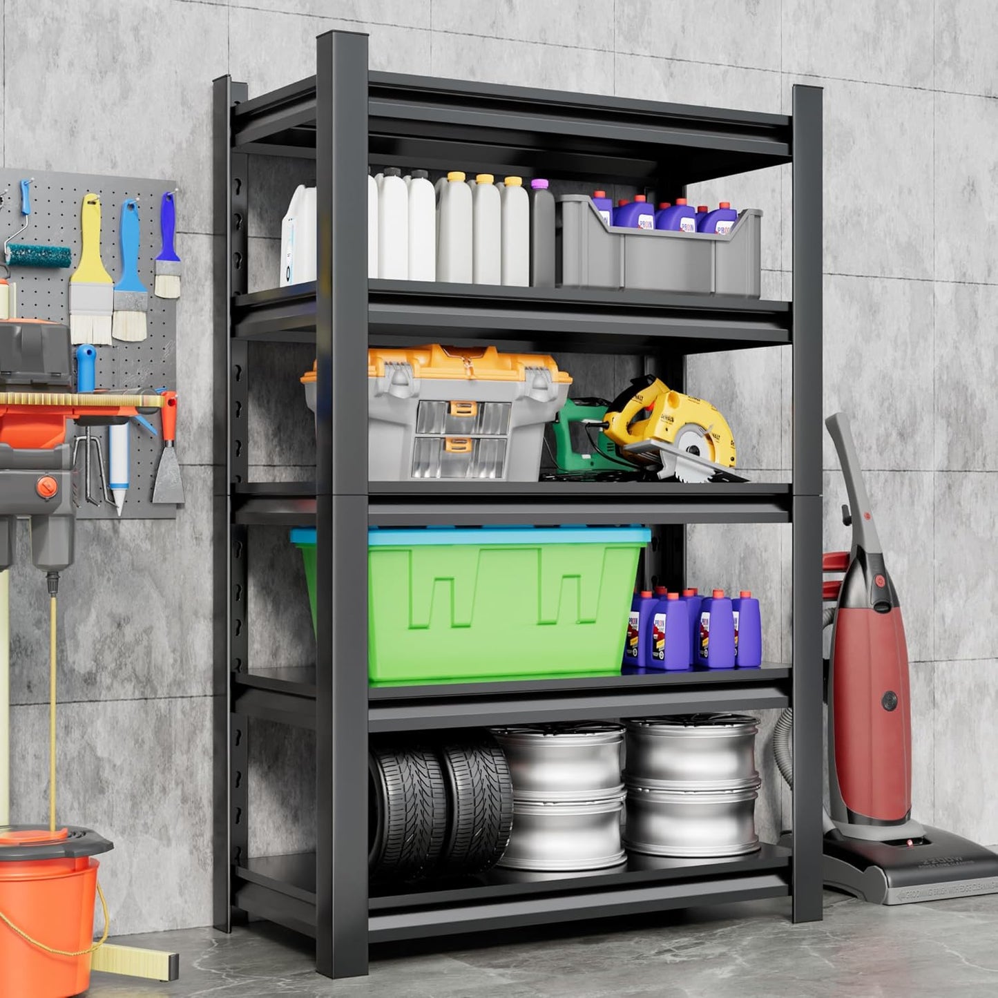 Metal Garage Shelving Unit,78"H Heavy Duty 5-Tier Adjustable Storage Rack,15.7"D x 40"W x 78"H Steel Shelving,3000 lbs Industrial Shelves for Heavy Tools and Equipment,Ideal for Garage, Basement,Black