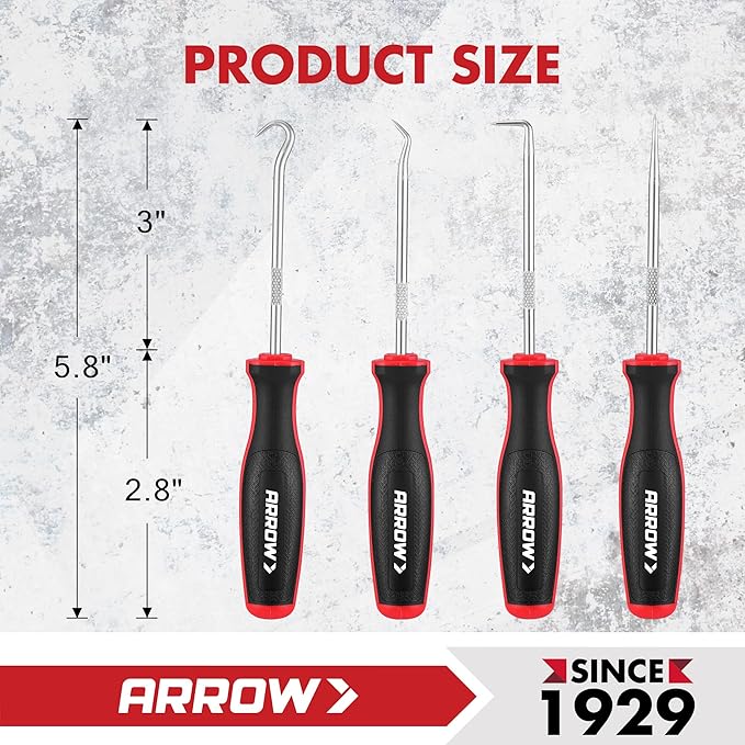 ARROW 4-Piece Precision Hook and Pick Set with Pouch, Mini Pick Tool Set for Automotive Mechanic, O-Ring Removal Tool, Oil Seal, Gasket Remover, Hose Puller Hooks