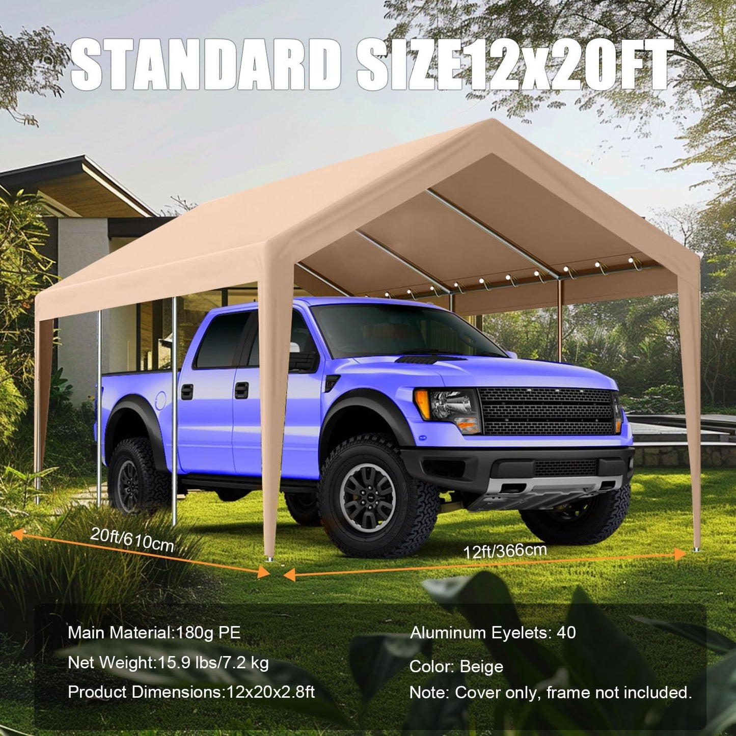 12'x20' Canopy Replacement Cover,Beefull Carport Replacement Canopy for Car Garage, Waterproof & UV Protected Tarp with Ball Bungees, Beige(Frame is not Included)