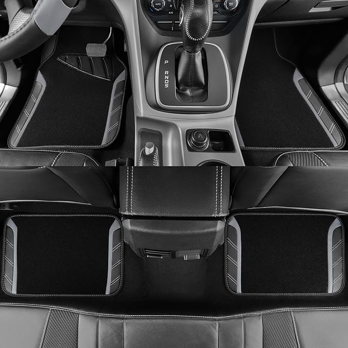 CAR PASS Leather Steering Wheel Cover and Waterproof Car Floor Mats,Microfiber Universal Car Combo Fit for 95% Sedan,SUV,Cars,14.5-15inch Sporty Anti-Slip Safety Comfortable Design(Black＆Gray)