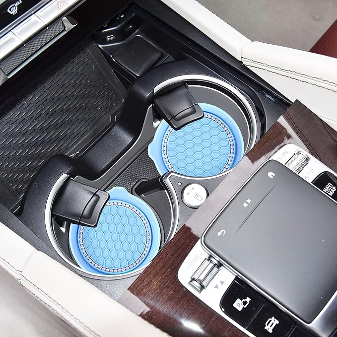 Amooca Car Cup Coaster Universal Non-Slip Cup Holders Bling Crystal Rhinestone Car Interior Accessories 4 Pack Light Blue