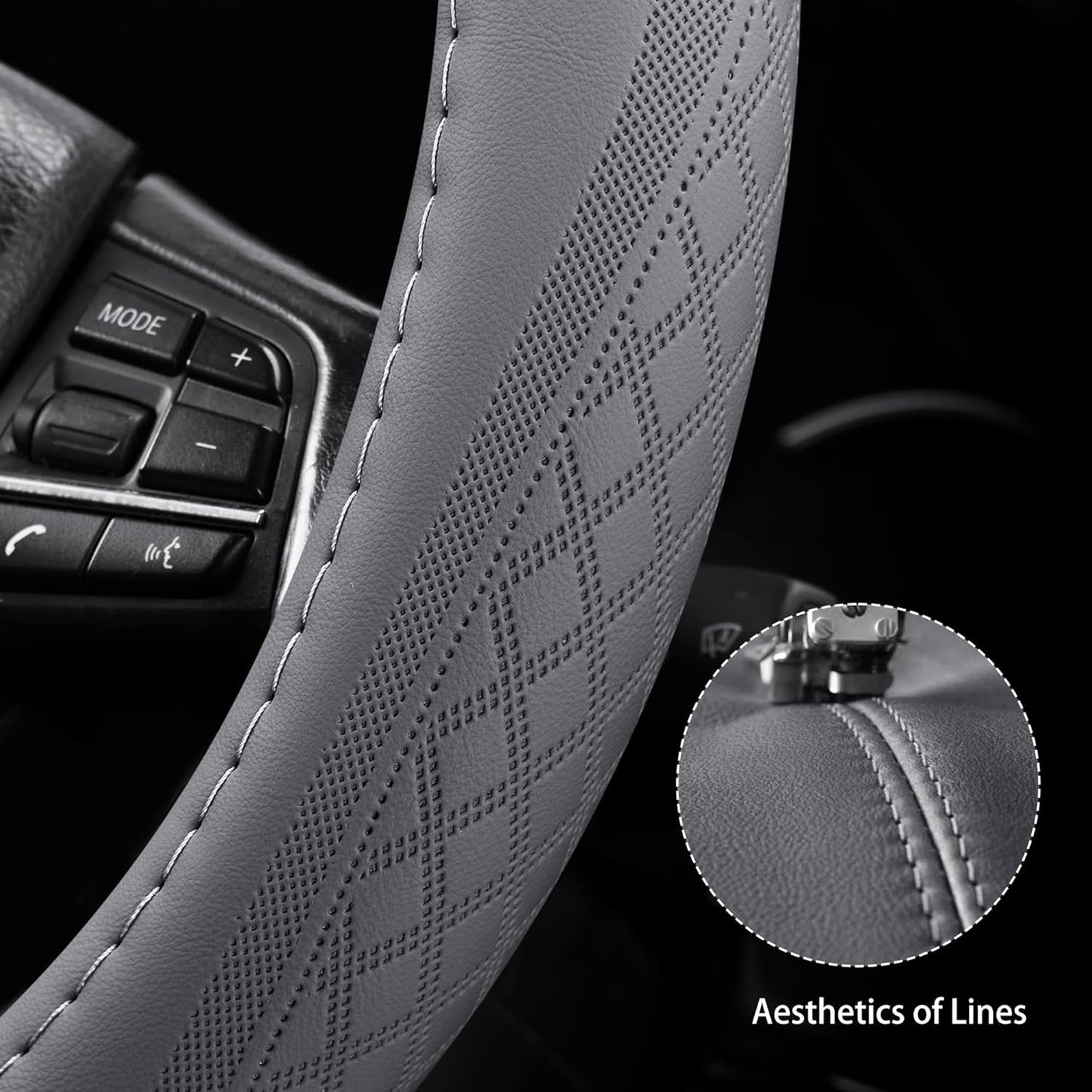 【2025 Model】 Breathable Soft Leather Car Steering Wheel Cover for Men Women, Non-Slip, Comfortable,Universal 15 inches Steering Wheels, Grey