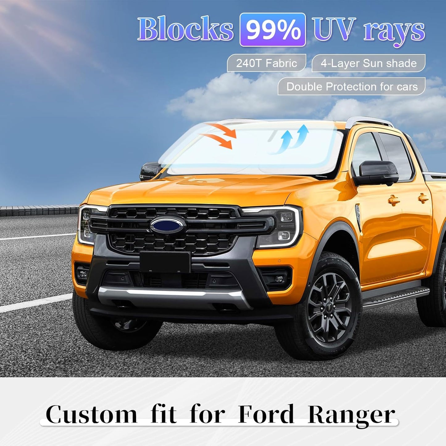 Sun Shade Sunshade for Ford Ranger Windshield Cover, 4-Layer Front Window Shade Custom fit 2019-2026 Ranger XL, XLT, Lariat Sun Visor 240T Retractable Shade Blocks UV Rays Cooler Car Accessories