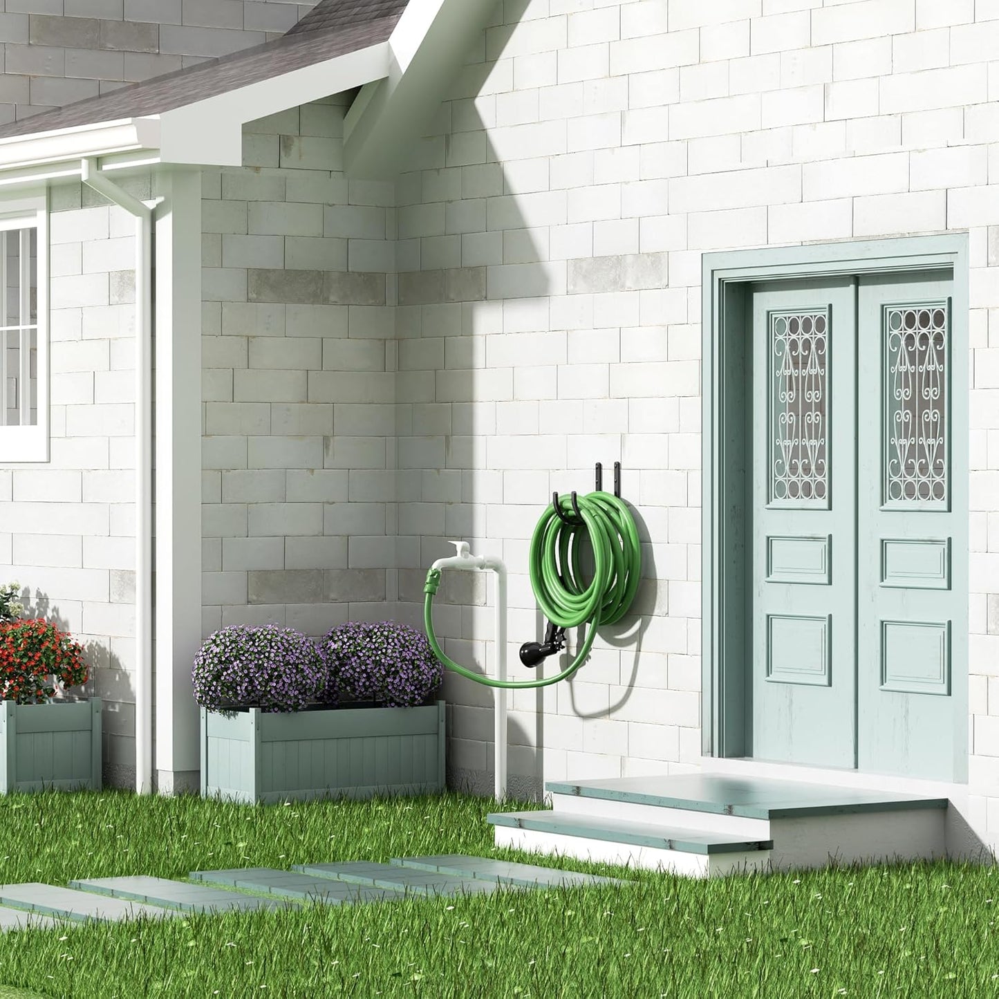 Garden Hose Holder Wall Mount - Aluminum Hose Hanger for Outside, Durable Wall-Mounted Hose Holder for Garden & Outdoor Use（4 Hooks）