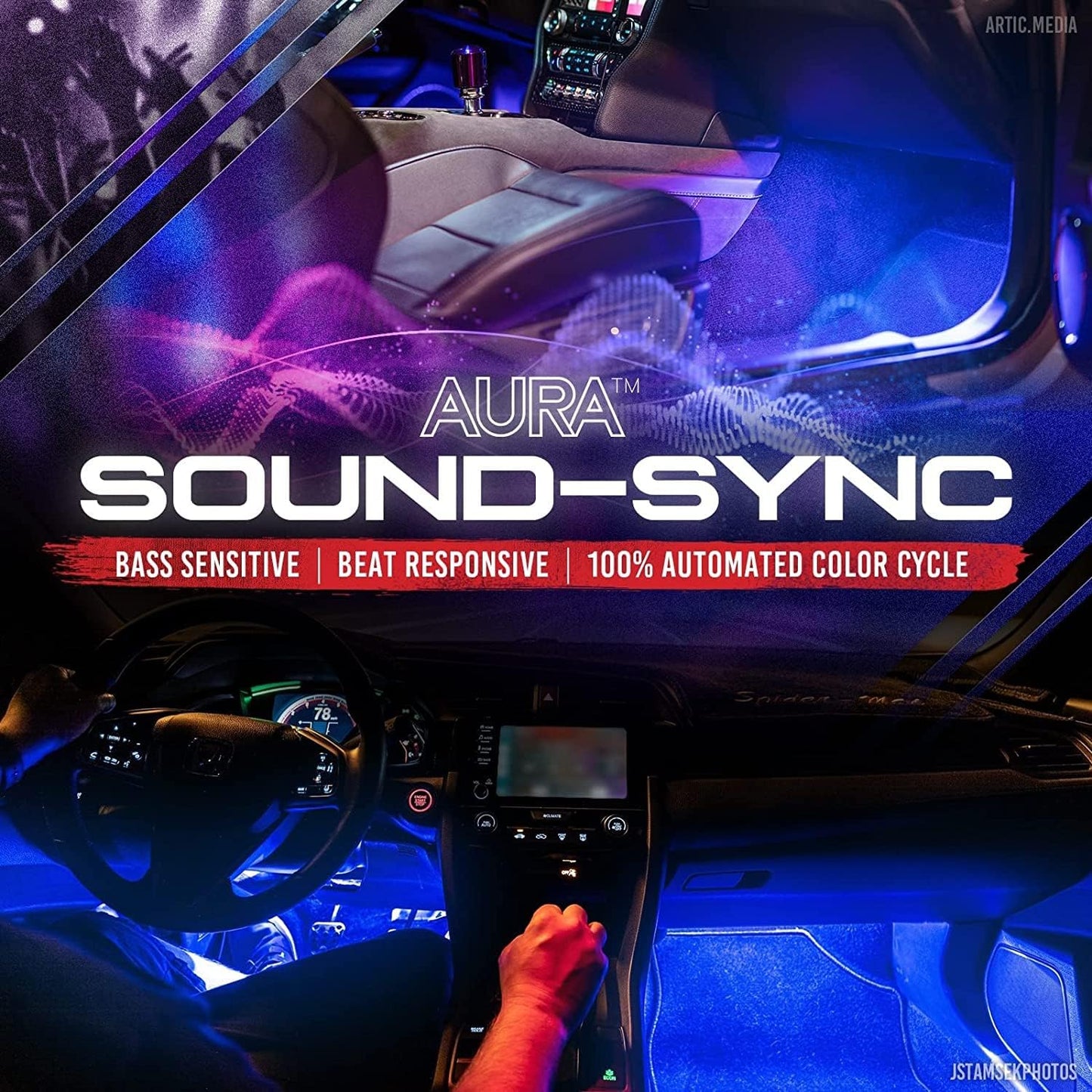 OPT7 Aura Double Row Car LED Lights Interior 6pc with Wireless Remote Control, Multicolor Mode, Sound Active Function Inside Ambient Lighting Kit, Footwell Floor Decor, Charger Adapter 12V