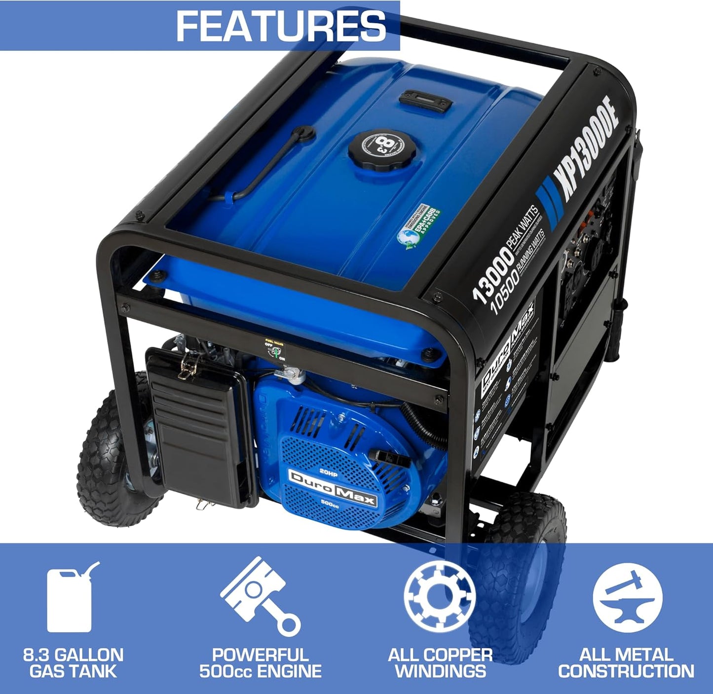 DuroMax XP13000E 13,000-Watt Gas Powered Portable Generator - Electric Start, Whole Home Backup Power, Transfer Switch Ready, RV & Emergency Ready