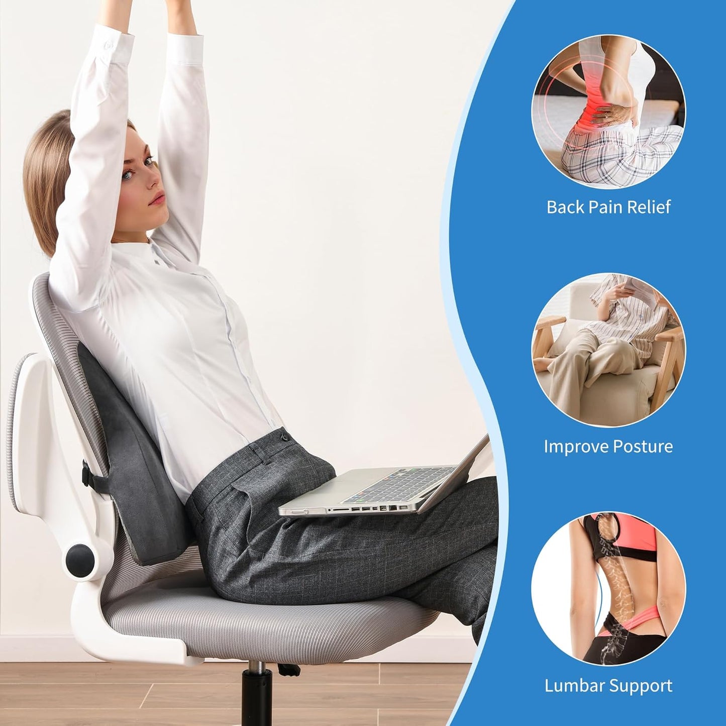 Lumbar Support Pillow for Office Chair and Car Seat - Gel Memory Foam Back Cushion Improve Sitting Posture & Back Pain Relief, Lumbar Support Cushion with Adjustable Strap & Non-Slip
