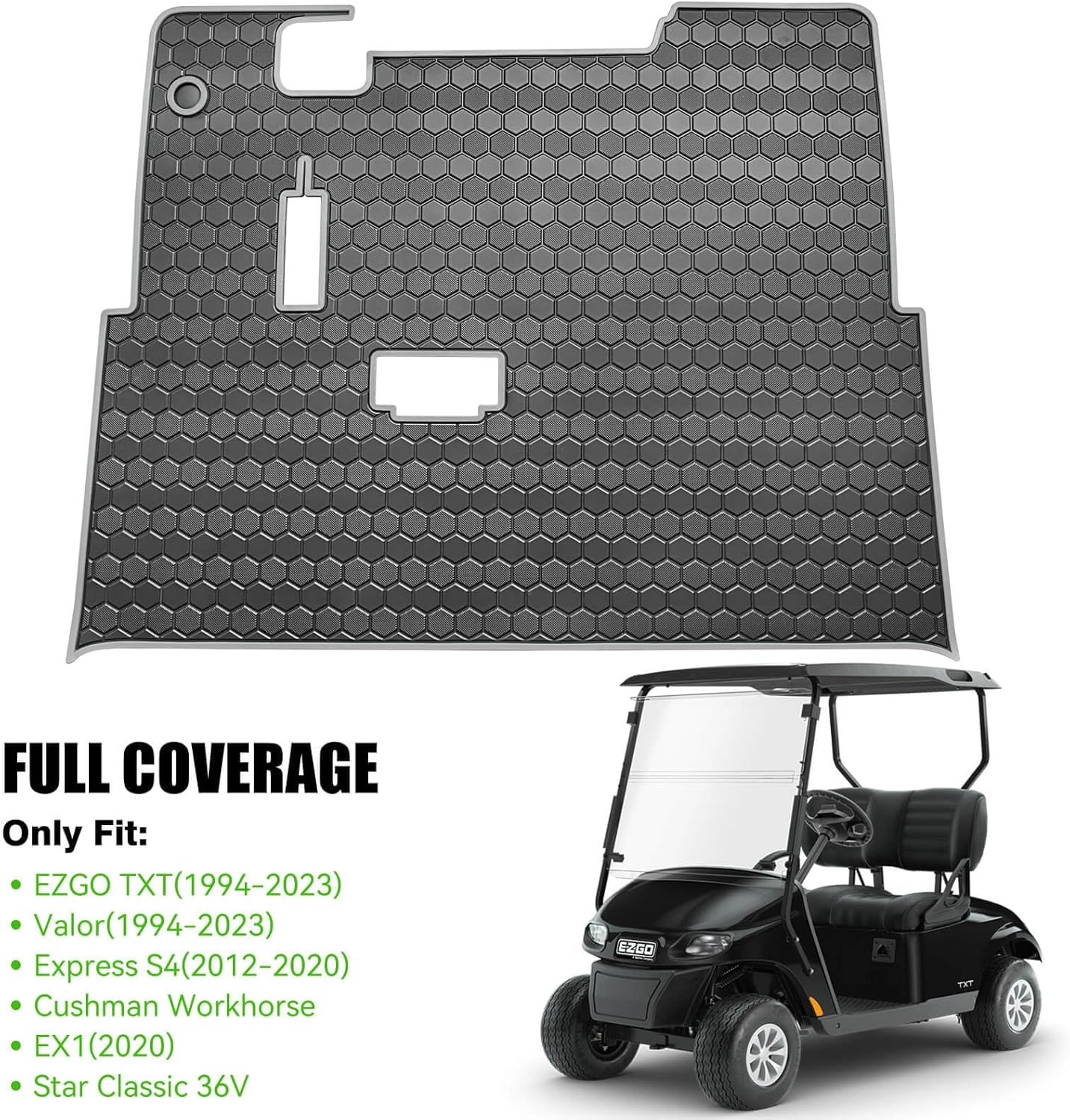 EZGO TXT Golf Cart Full Coverage Floor Liner Mat, fits EZGO TXT (1994+), Valor(1994+), Express S4(2012-2020), Cushman Workhorse, EX1(2020), Thick Anti-Slip Rubber, Grey Trim