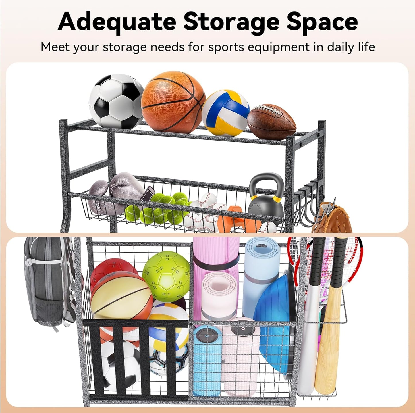 HOMREST Sports Equipment Storage, Ball Storage, Ball Holder, Garage Sports Organizer with Basket and Hooks, Rolling Sports Ball Storage with Wheels for Toy Sports Gear Storage, Black