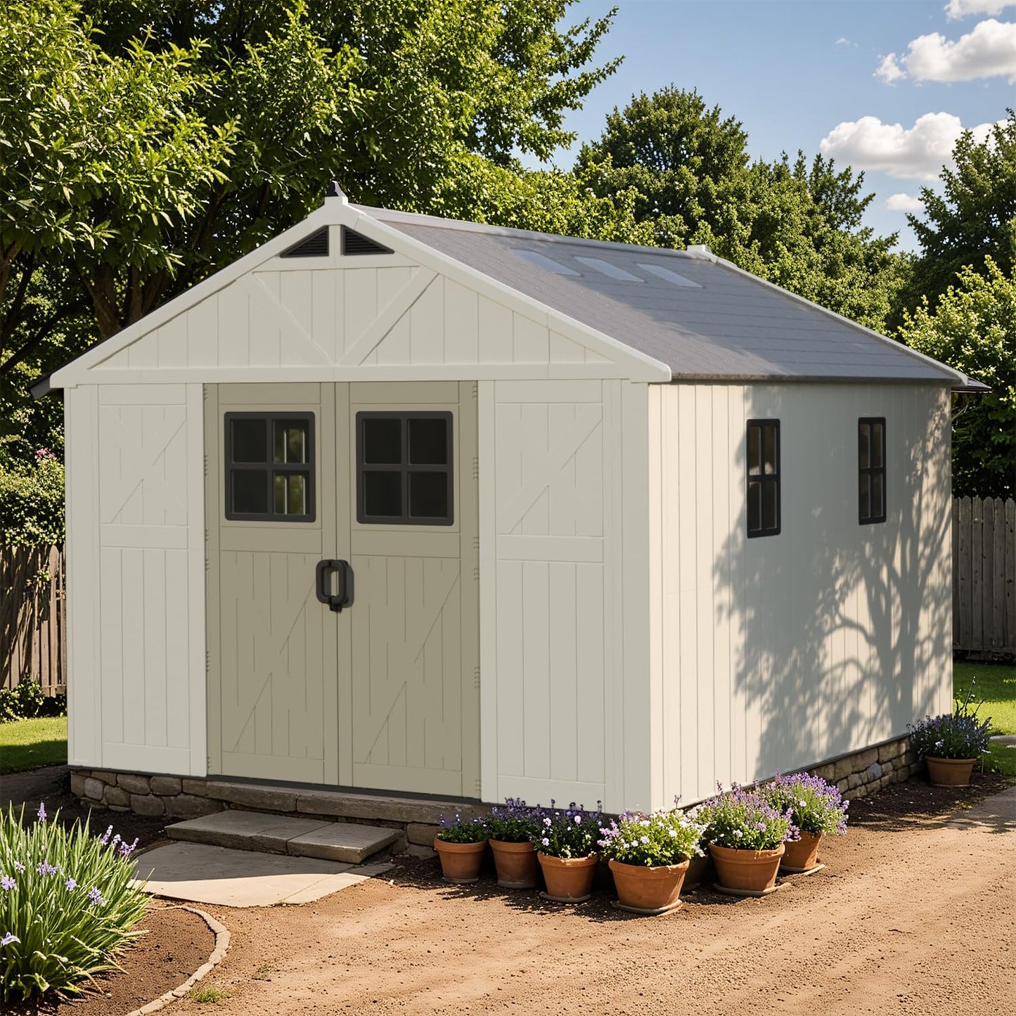 Patiowell 10x12 FT Outdoor Storage Shed with Floor and Lockable Door, All Weather Plastic Shed Garden Shed with Skylight and Multiple Windows for Backyard, Patio, Lawn, Beige