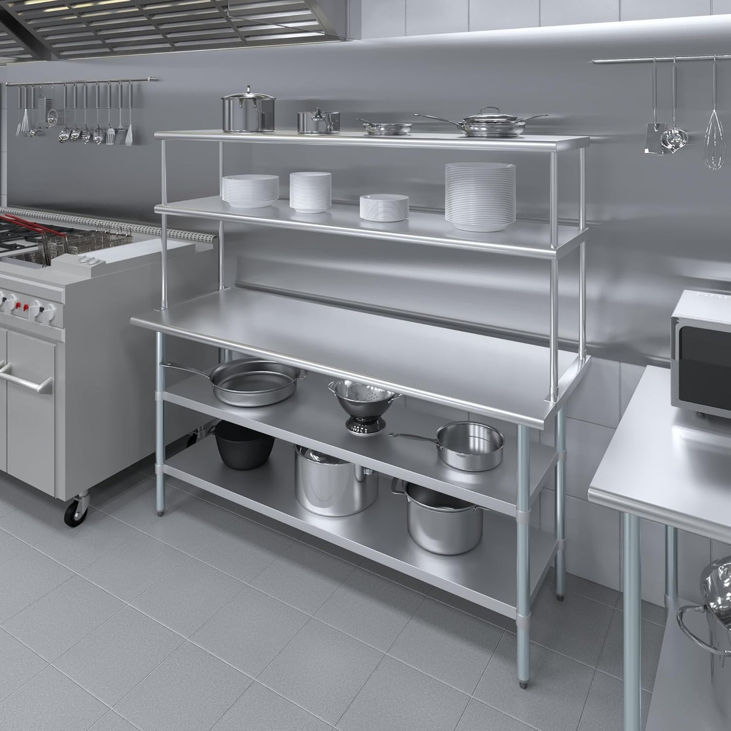 AmGood Stainless Steel Work Table with 2 Shelves | NSF (24" x 72" Table with 2 Shelves + 18" Overshelf)