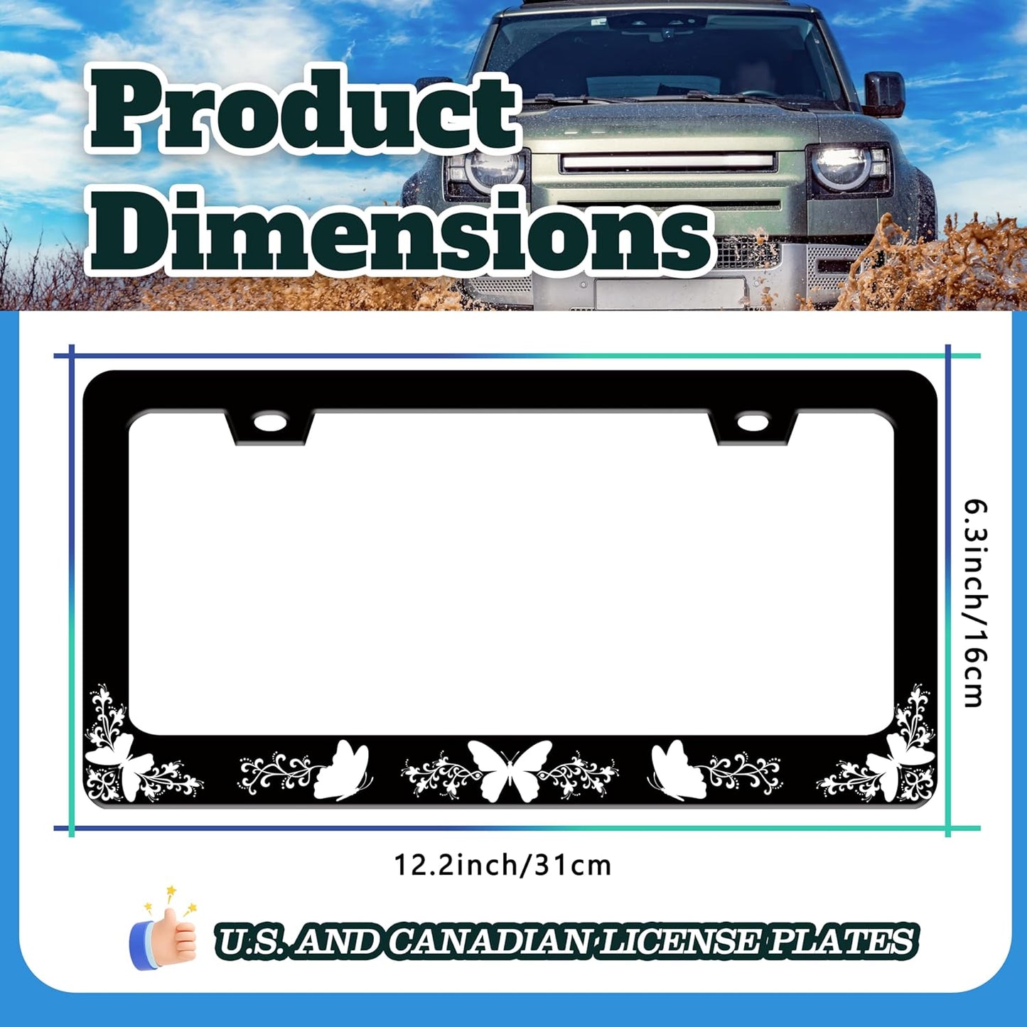 Black White Butterfly License Plate Frame Funny Butterflies License Plate Holder for Front or Rear Car Tags Reusable Durable Stainless Steel Car Decoration with Screws 6.3 X 12.2 Inch for Men Women