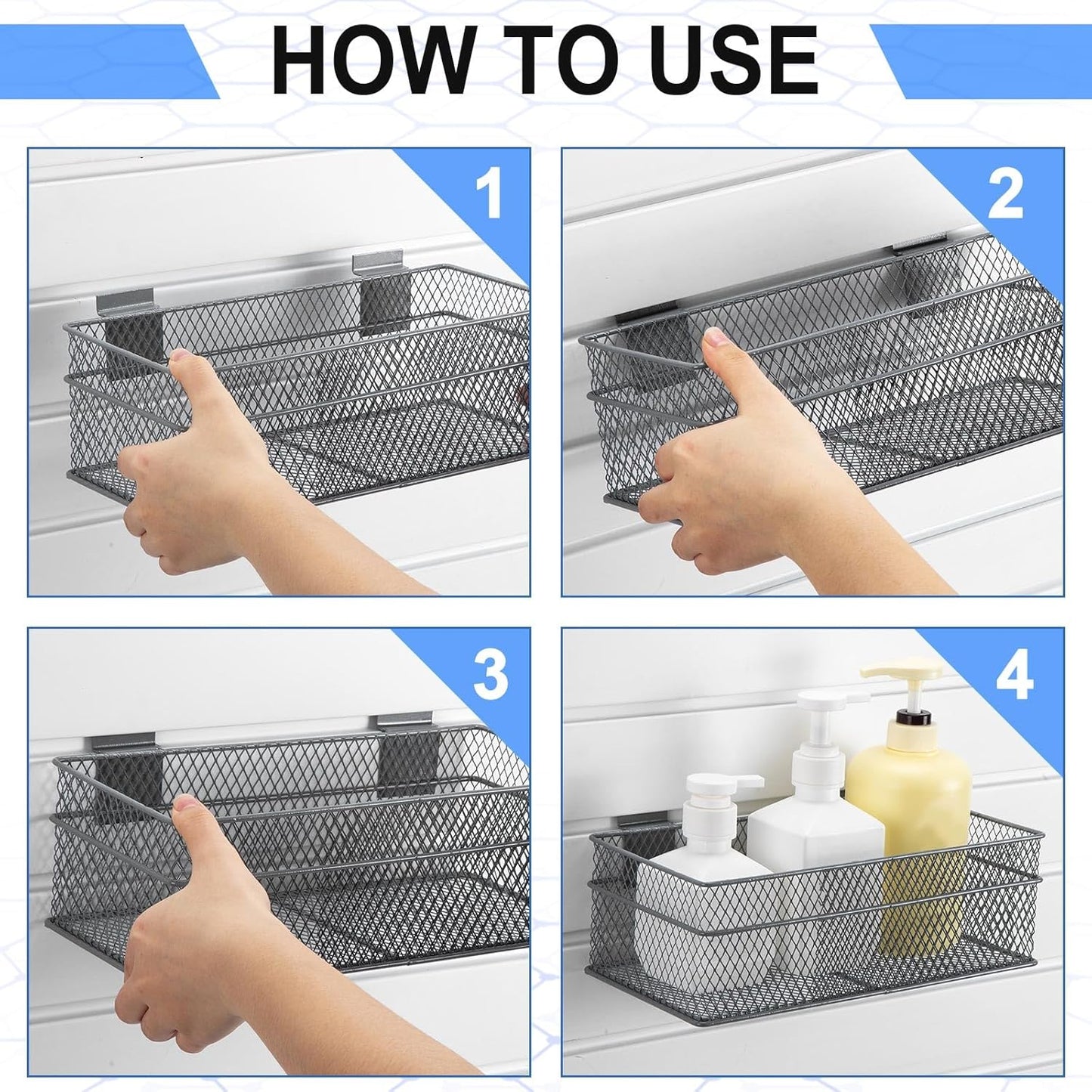 Barydat 4 Pcs Slatwall Basket Set Ventilated Metal Slatwall Basket Hanging Wire Bins Wall Mounted Accessories for Panel Garage Storage Display Organizing(Multi Size,Gray)