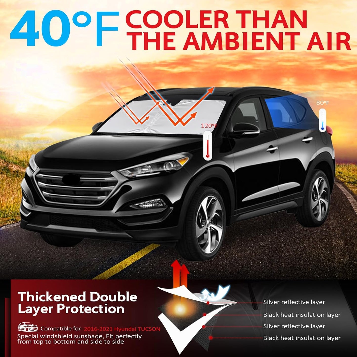 KAYZT Windshield Sun Shade for 2016-2021 Hyun-dai Tucson Foldable Sunshade Front Window Custom Fit Car Accessories