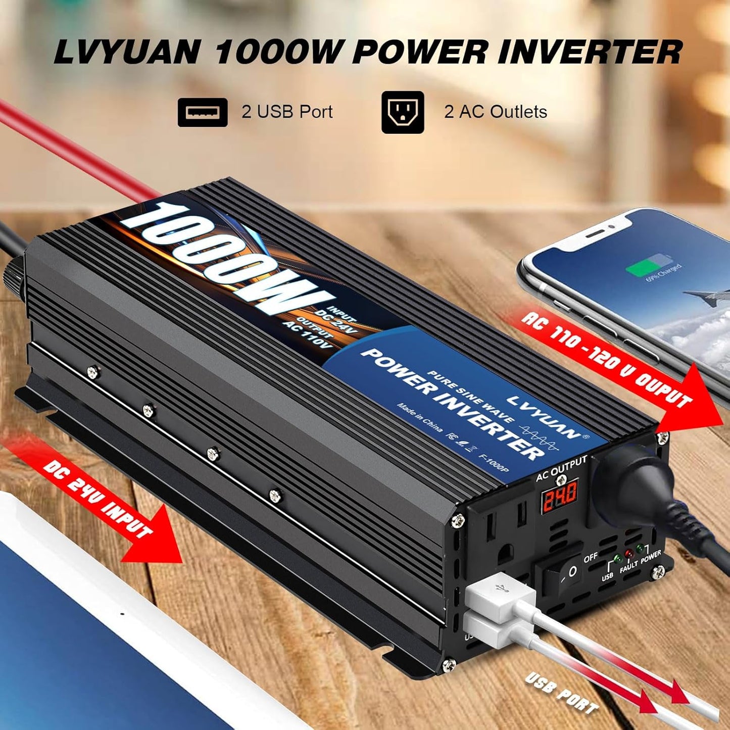 LVYUAN 1000 Watt Pure Sine Wave Power Inverter 24V to 110V/120V DC to AC Converter with Dual Sockets, Dual USB Ports, LED Display for Home Outdoor RV Car Power Inverter Power Adapter