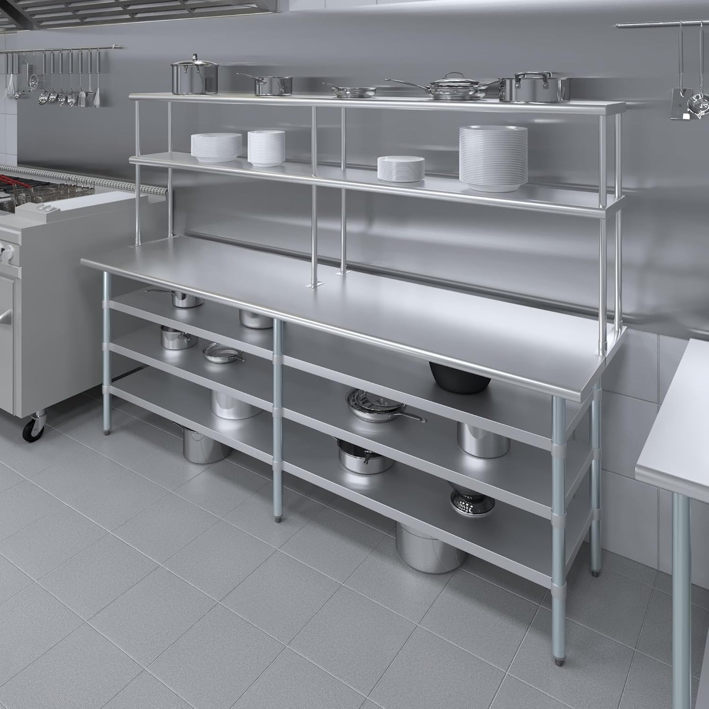 Amgood 24" x 60" Stainless Steel Work Table with 3 Shelves and 12" Wide Double Tier Overshelf | Metal Kitchen Prep Table & Shelving Combo | NSF