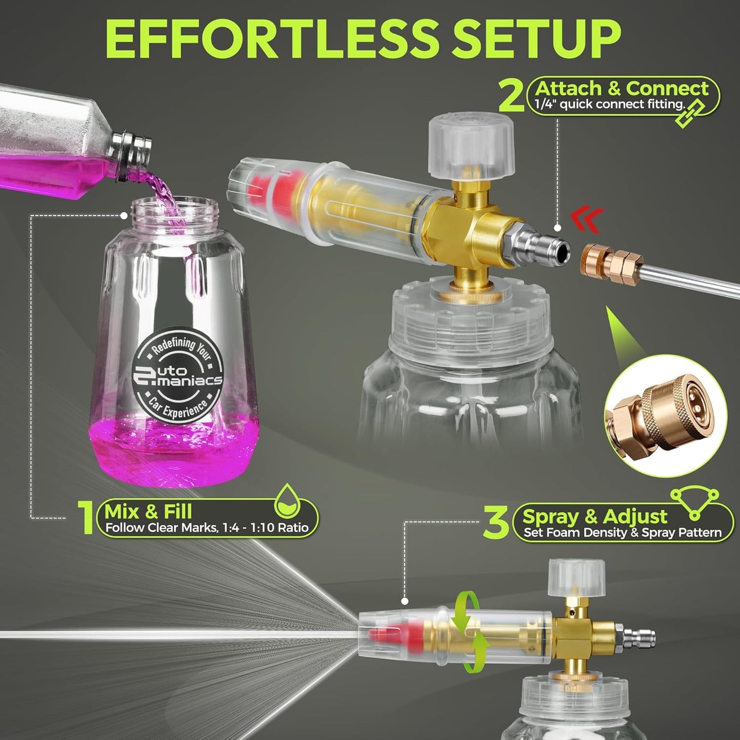 AutoManiacs Foam Cannon for Pressure Washer, Adjustable Car Wash Sprayer with 1/4 Inch Quick Connector, 1L Durable Snow Foam Blaster for Car & Truck Washing