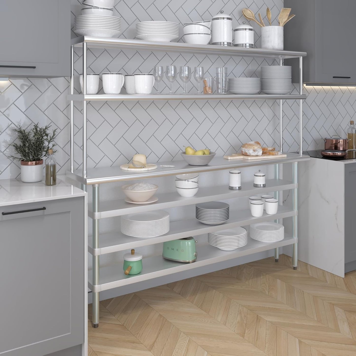 Amgood 14" x 72" Stainless Steel Work Table with 3 Shelves and 12" Wide Double Tier Overshelf | Metal Kitchen Prep Table & Shelving Combo | NSF