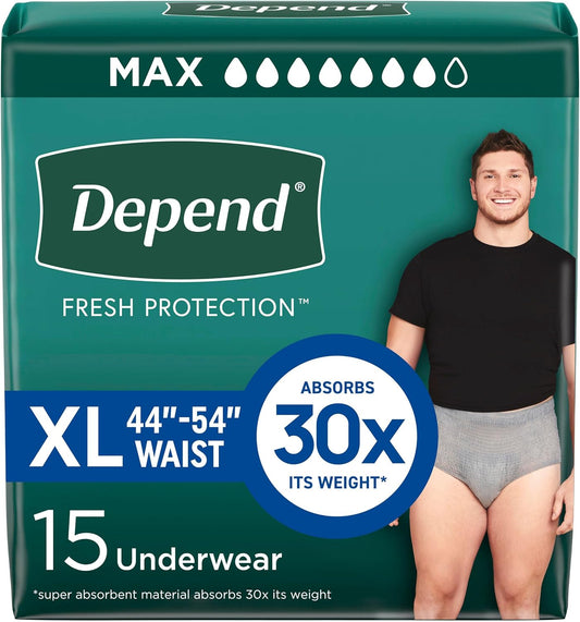 Depend Fresh Protection Adult Incontinence Underwear for Men, Disposable, Maximum, Extra-Large, Grey, 15 Count, Packaging May Vary