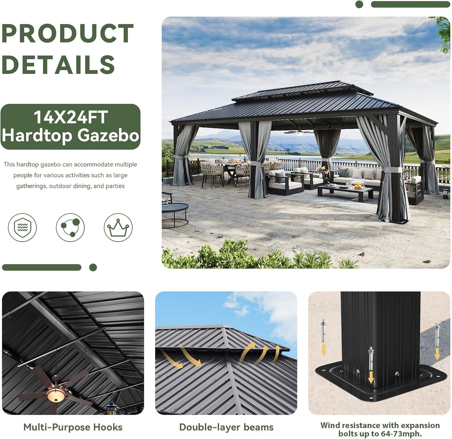 Aoxun 14' X 24' Hardtop Gazebo with Drainage System, Aluminum Outdoor Gazebo with Galvanized Steel Double Roof, Patio Permanent Metal Pavilion with Netting, for Garden, Deck, Grey