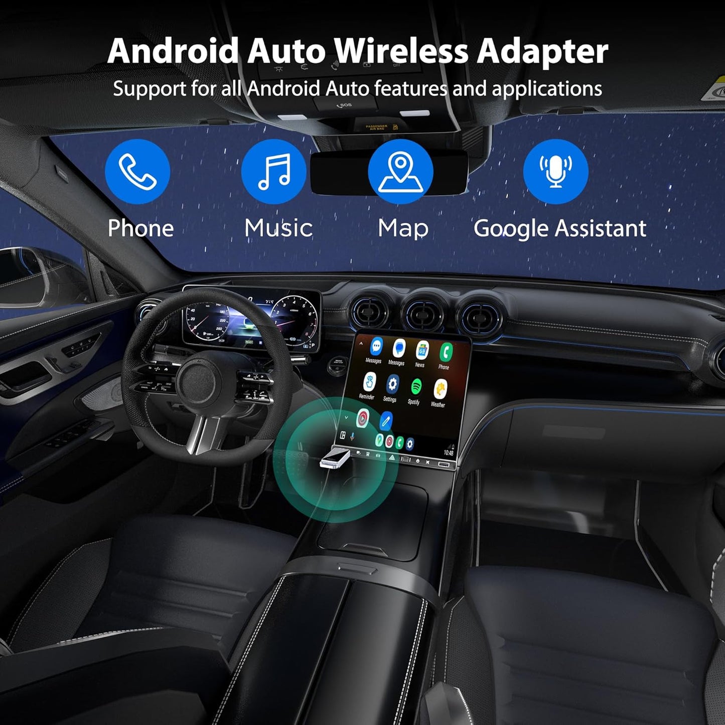 Android Auto Wireless Adapter, Convert Factory Wired to Wireless, Easy Plug and Play Setup, Zero Delay, Supports Voice Assistant, Compatible with Android 11+