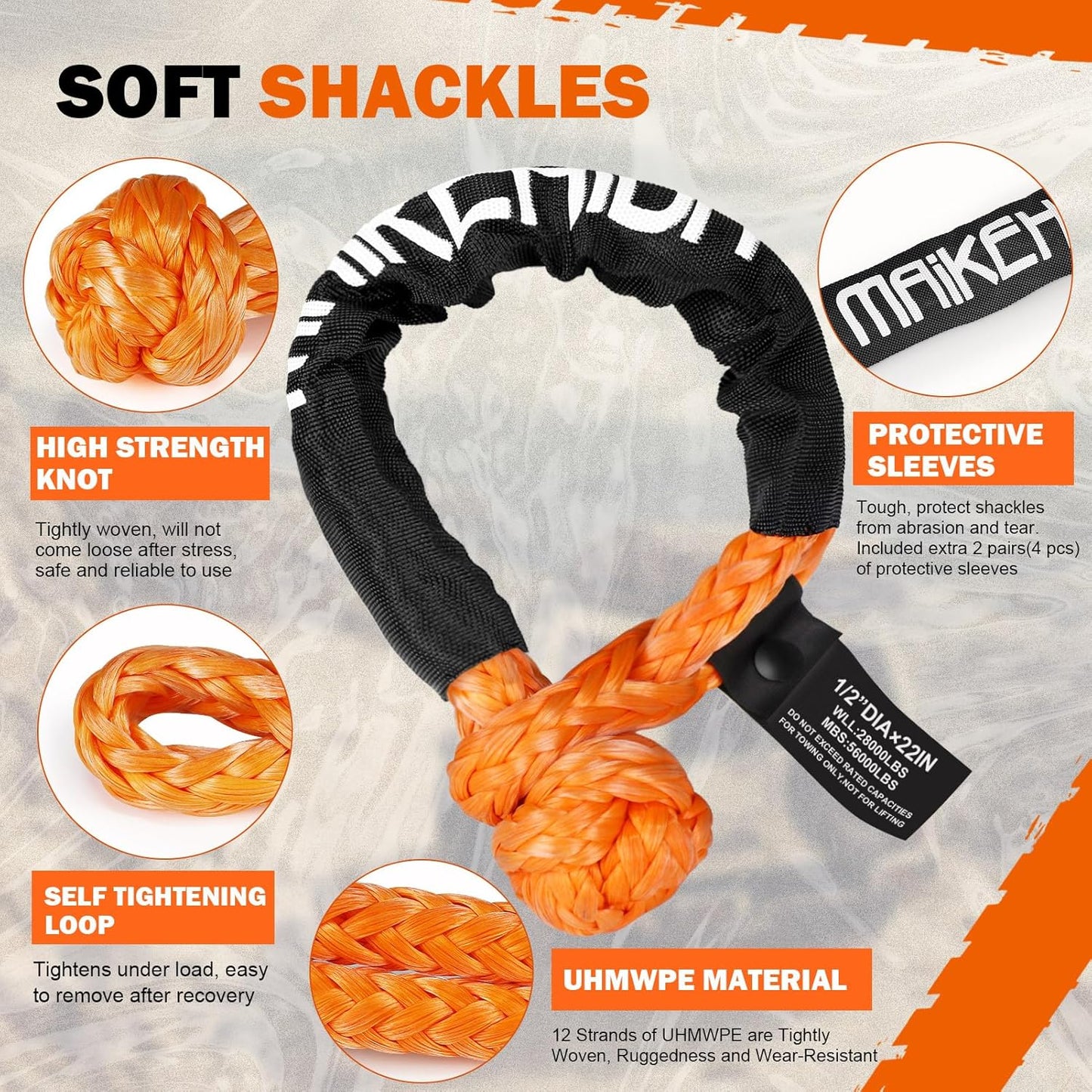 MAIKEHIGH 1-1/8" x 30ft Kinetic Tow Rope(56,000LBS), Heavy Duty Recovery Rope with 2 UHMWPE Soft Shackles, 30+% Elasticity Off Road Recovery Kit Towing Straps for Vehicle Trucks Tractor Car