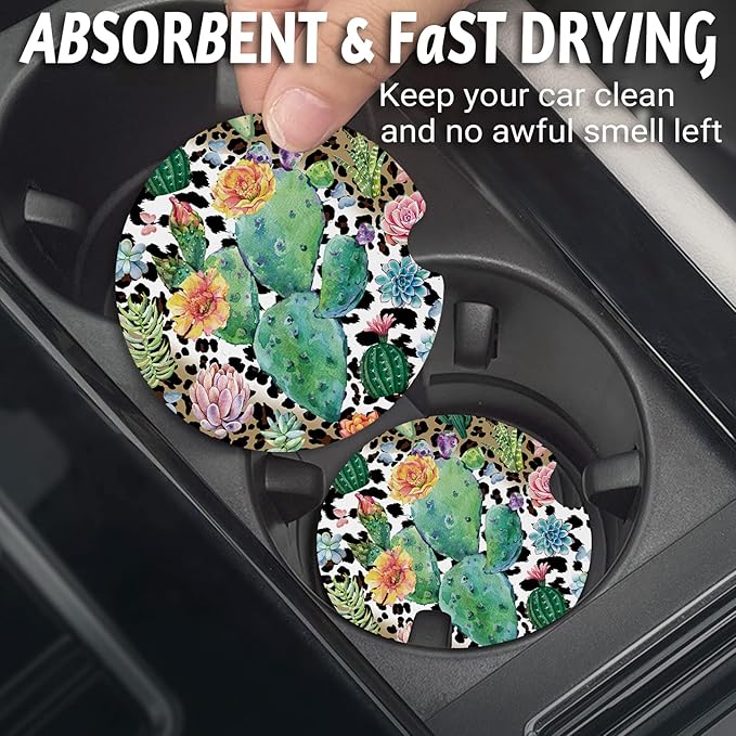 Car Coasters for Cup Holders，2.75" Anti Slip Rubber Mat with A Finger Notch, 2 Pack Car Cup Holder Coasters for Car Interior Accessories for Women Men Cactus