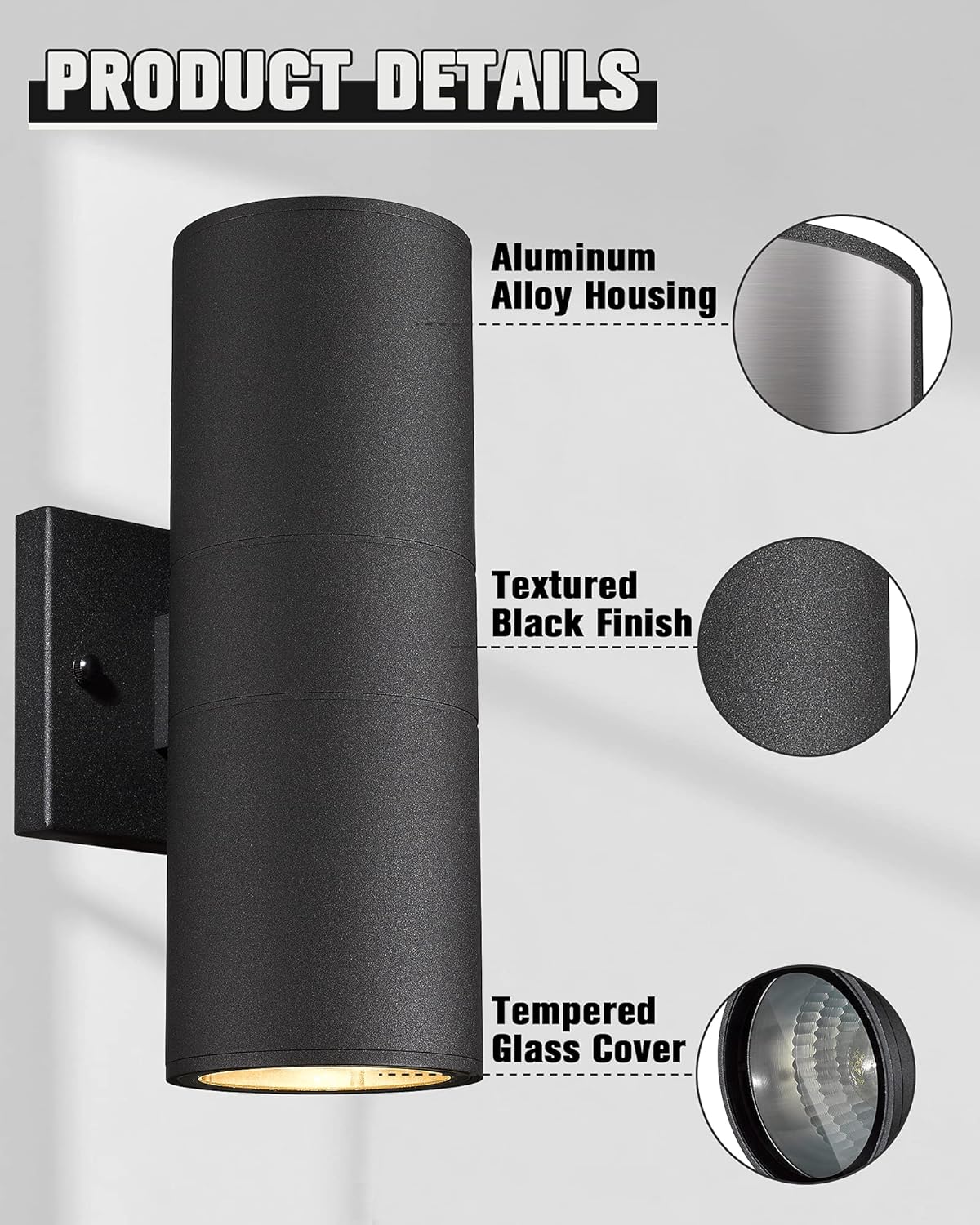 Ken & Ricky Exterior Wall Lights, Outdoor Up and Down Wall Sconce, Cylinder Outside Lights with Tempered Glass Cover for House Porch Garage Patio Doorway Entryway -1 Pack