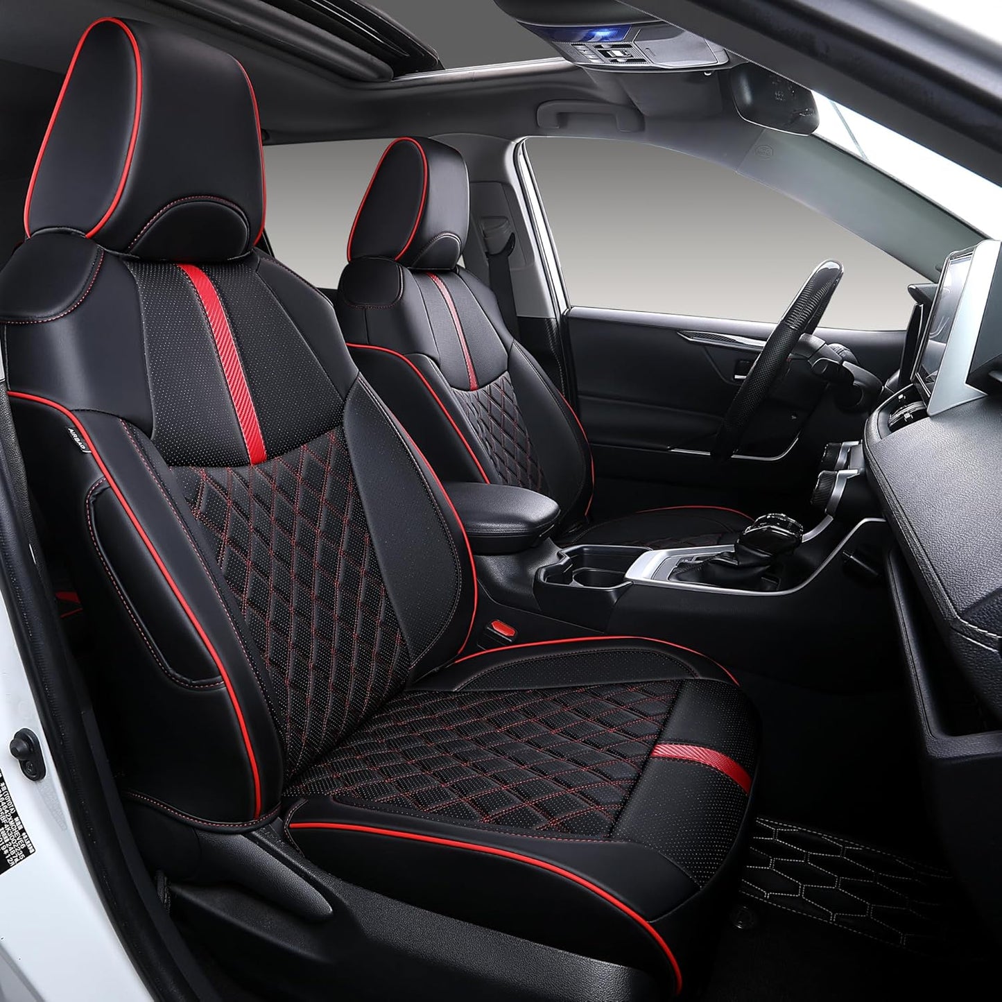 Custom Fit RAV4 Seat Covers for 2019-2025 Toyota RAV4 LE,XLE,XLE Premium,Limited Full Coverage Waterproof Leather Car Seat Covers Full Set (Black with Red Trim)