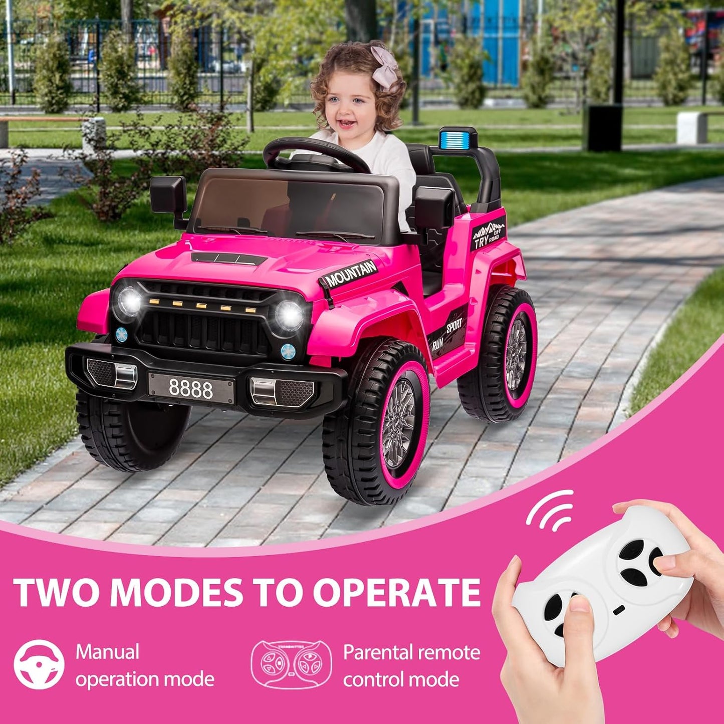Hetoy Kids Ride On Truck Car, 12V Battery Powered Electric Car w/Parent Remote Control, Spring Suspension, 3 Speeds, LED Lights, Music & Horn, Kids Electric Vehicles Toy Gift for Boys Girls, Pink