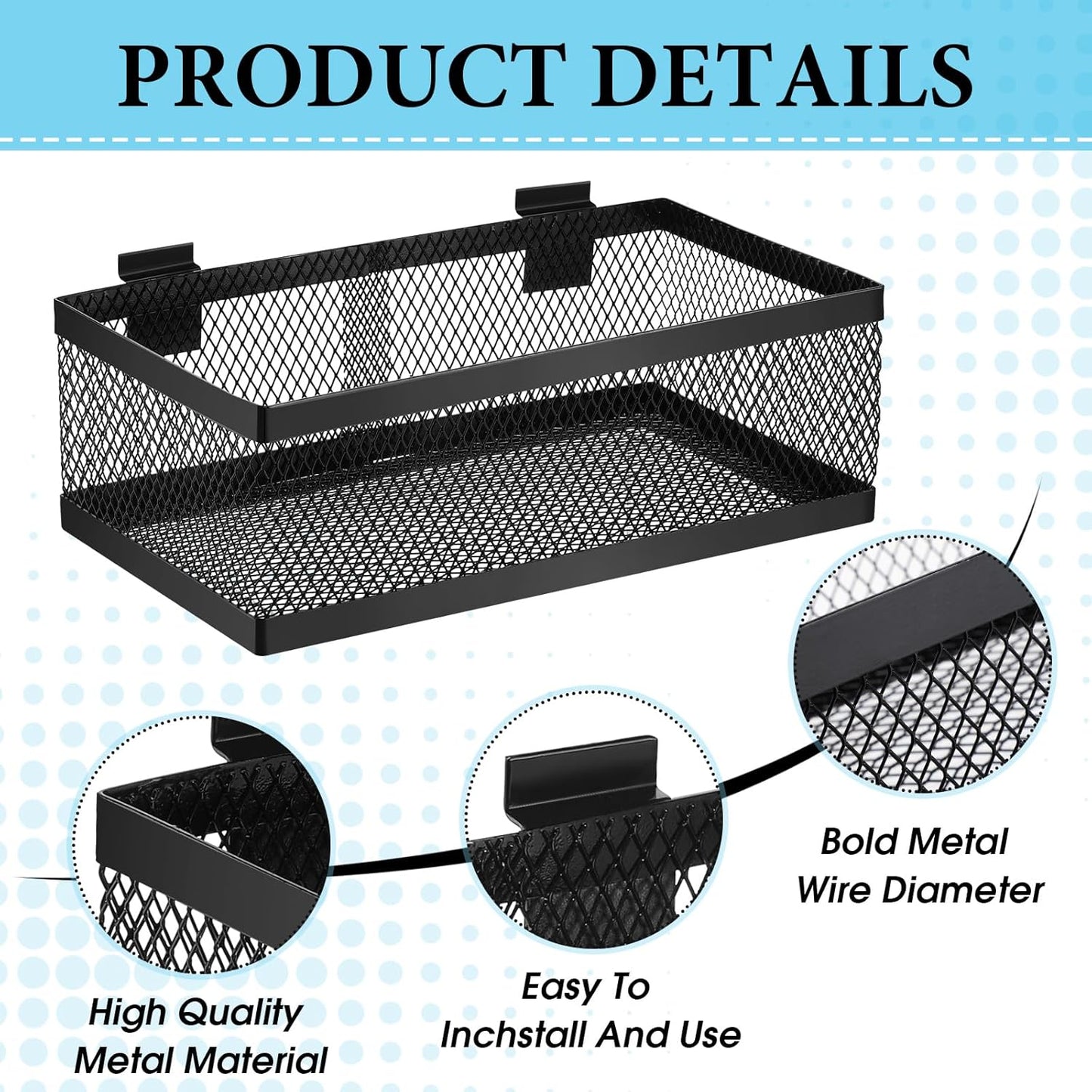Coume 4 Pcs Black Slatwall Baskets 4 Size Metal Mesh Wire Basket for Slatwall Panels Ventilated Wall Mounted Hanging Accessories for Home Garage Retail Store Display Organizing(Mixed Size)