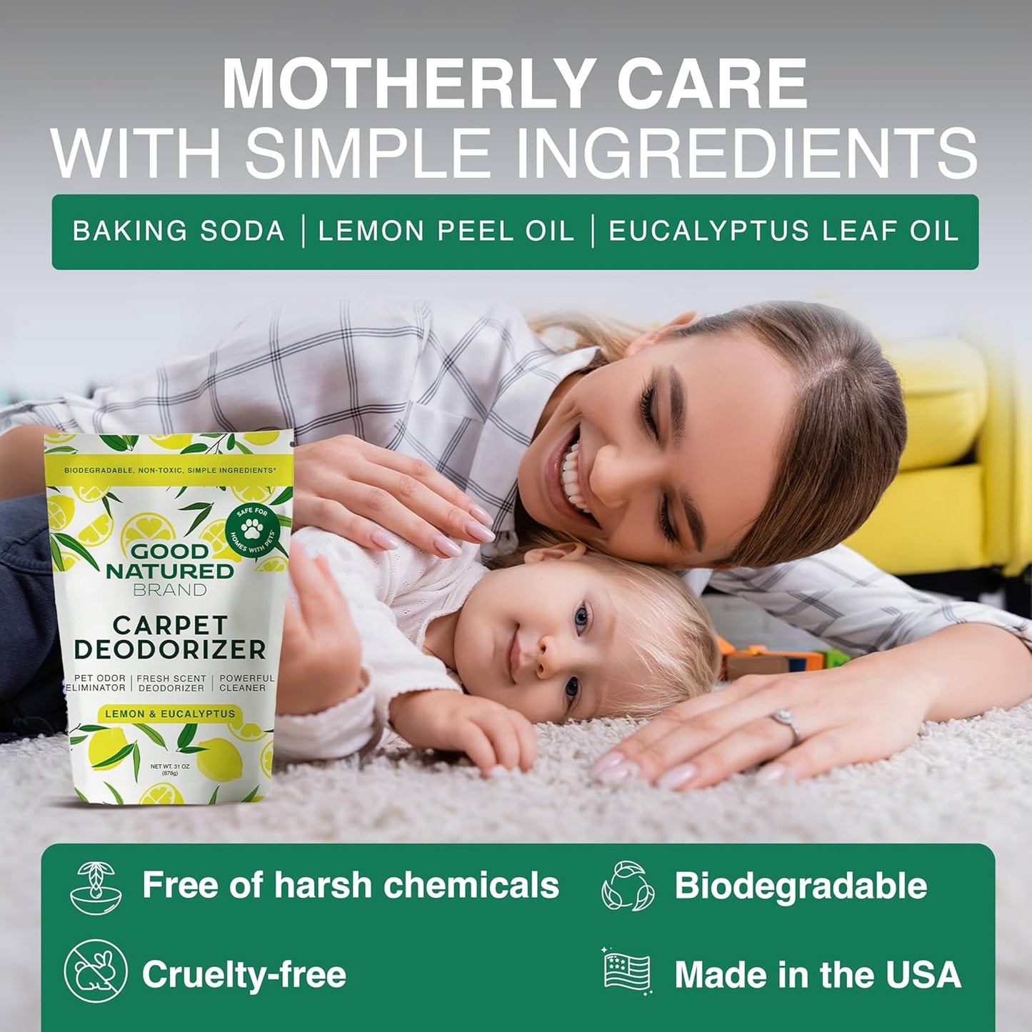 Good Natured Brand | Carpet Deodorizer & Freshener Powder | 31 oz Pet Odor Eliminator for Strong Odor & Pet Urine | Fresh Natural Lemon & Eucalyptus Scent | Safe for Homes with Pets