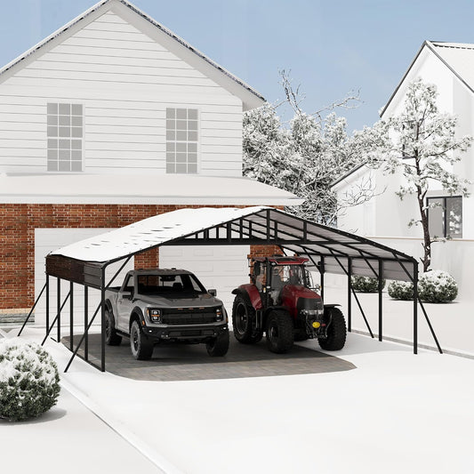 20x20FT Metal Carport Kits with Galvanized Steel Roof, Heavy Duty Metal Roof Carport with Enhanced Base, Tall MetalCarport Kits Garage for Tractors, Pickup, Boat, Car