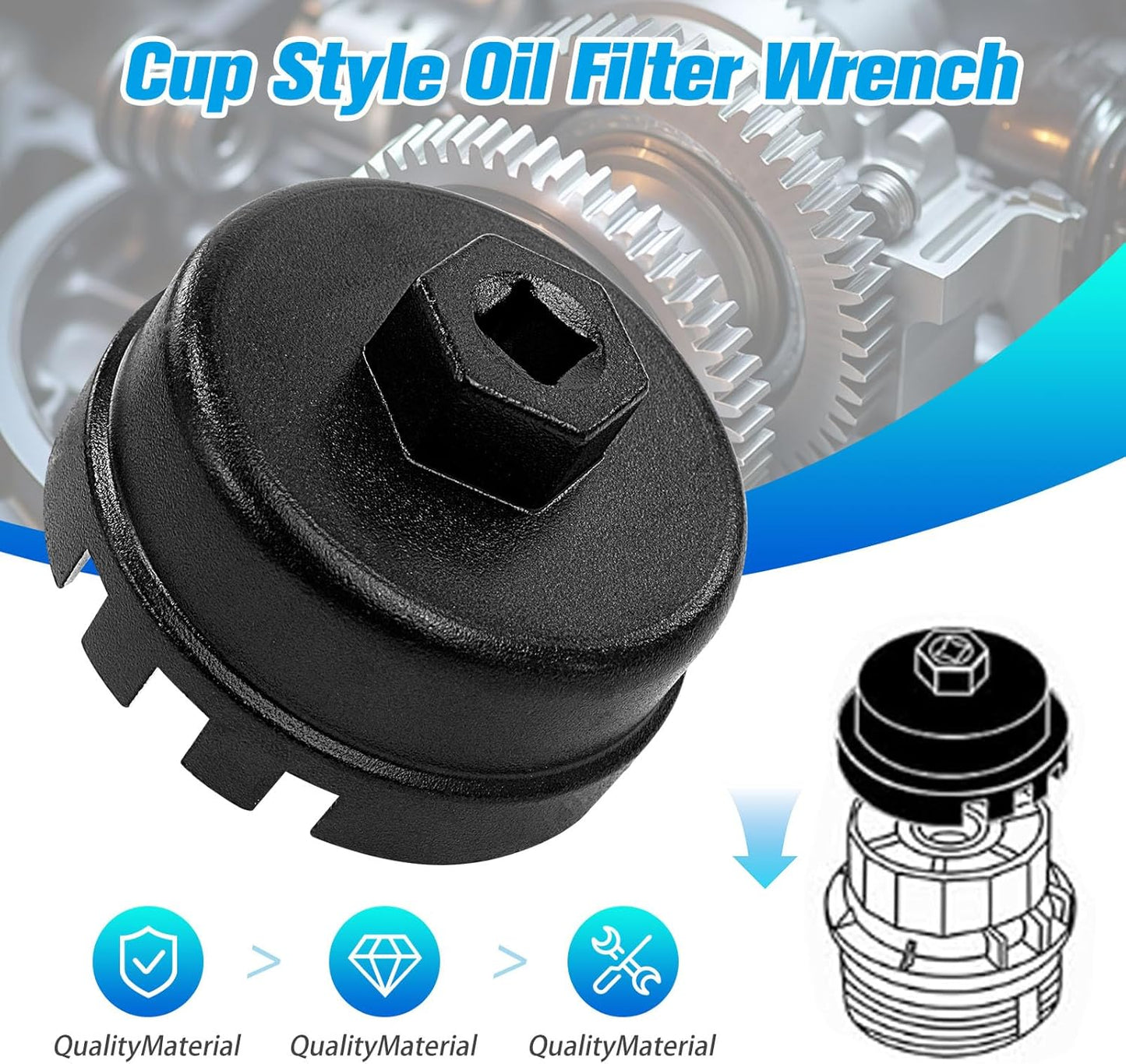 Heavy Duty Oil Filter Cap Removal Tool, 64mm 14 Flute Oil Filter Wrench, Compatible with Toyota, Lexus, Highlander (2.5L-5.7L Engines)