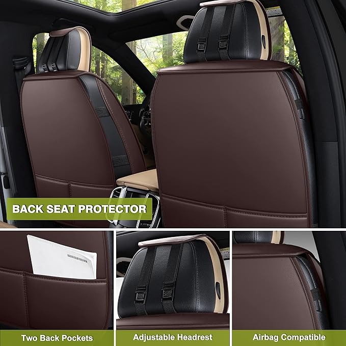 AOOG Leather Car Seat Covers, Leatherette Automotive Seat Covers for Cars SUV Pick-up Truck, Non-Slip Vehicle Car Seat Covers Universal Fit Set for Auto Interior Accessories, Full Set, Brown