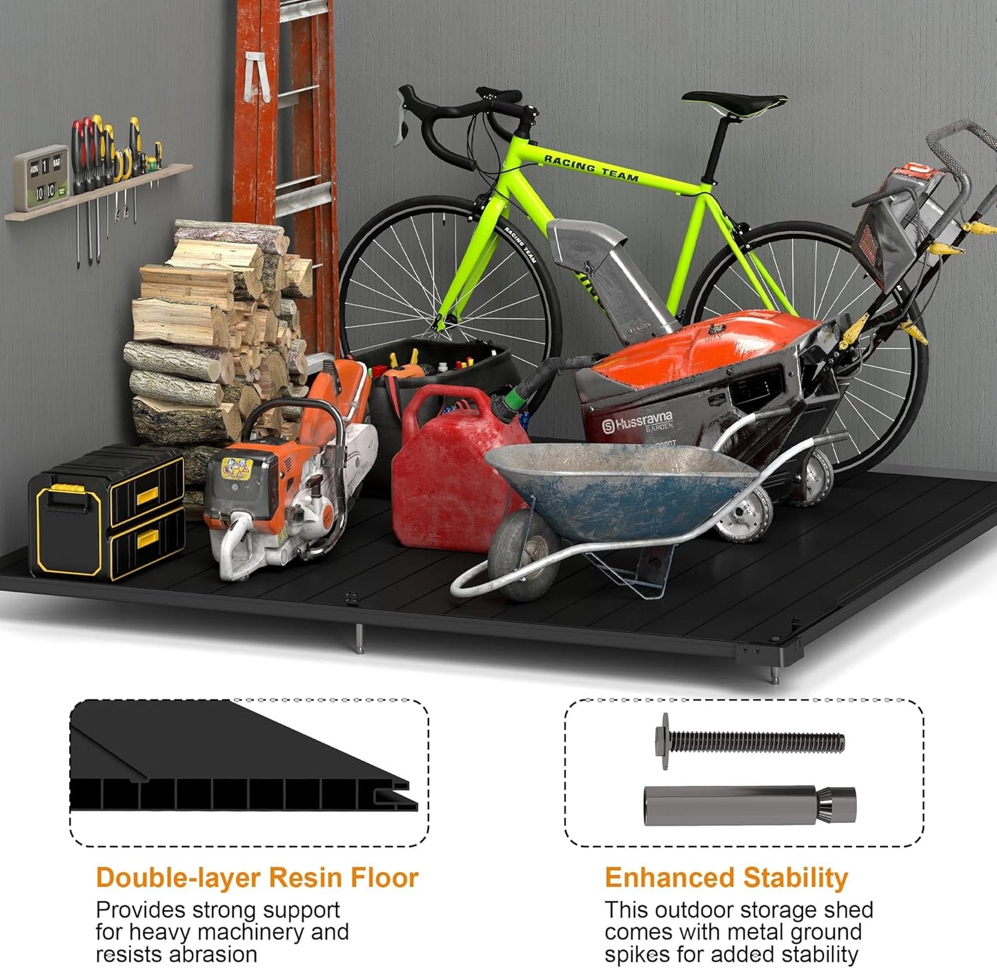 7.3 x 7.3 FT Shed Resin Outdoor Storage with Floor, 436 cuft Plastic Shed with Window and Lockable Door for Garden,with Wood Texture, Grey