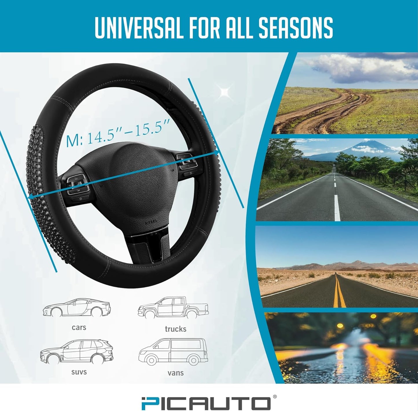 PIC AUTO Gel Particles Steering Wheel Cover, Black Luxury Leather Car Steering Wheel Protector, Universal Fit 14.5"-15.5" Anti-Slip Car Interior Accessories for Girls & Women