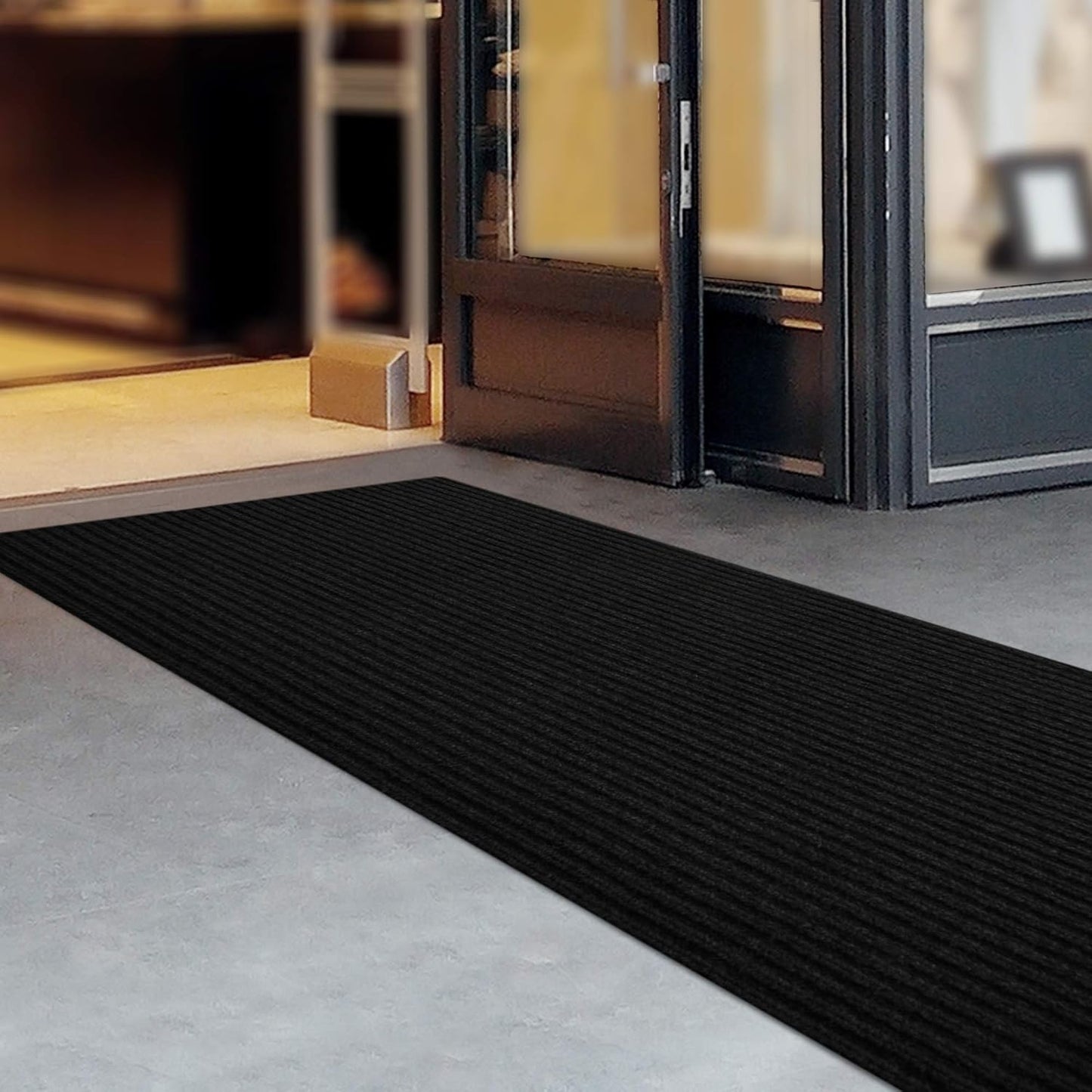 iCustomRug Spartan Weather Warrior Indoor/Outdoor Utility Ribbed Carpet Runner with Non-Slip Thermoplastic Rubber Backing, 3ft X 18ft in Black