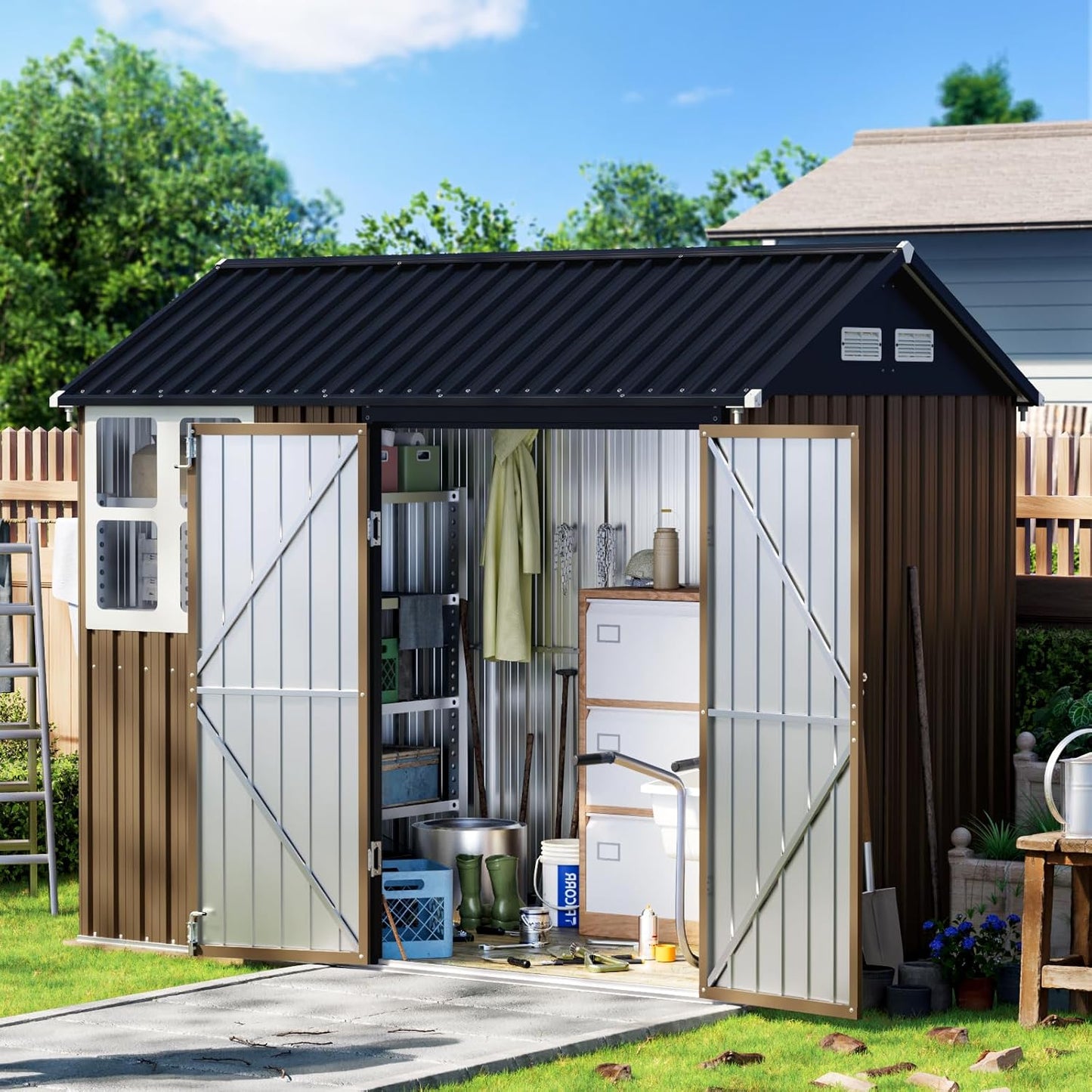 8X6FT Outdoor Steel Storage Shed with Lockable Doors, One Window,Ideal for Garden, Backyard, Patio Storage,Brown