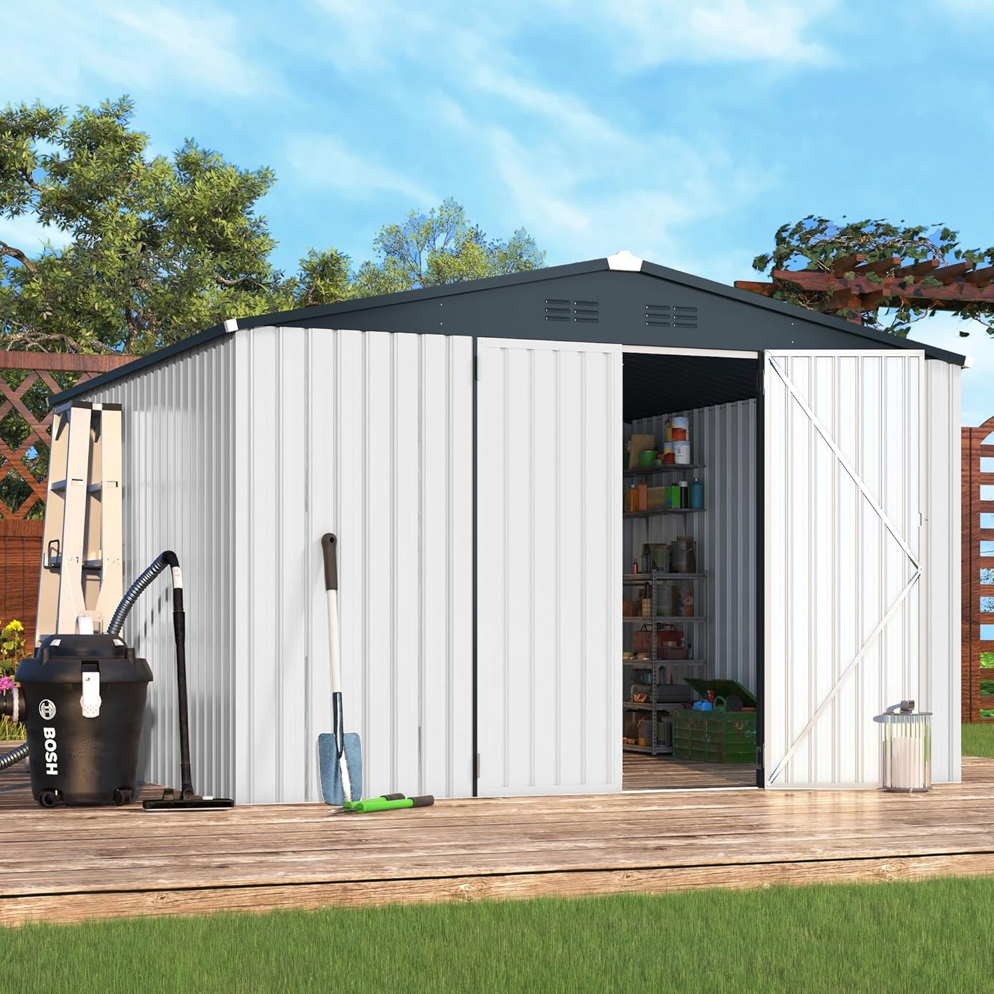 U-MAX 10' x 10' Shed Outdoor Storage Shed Clearance, Large Metal Garden Shed Yard Steel Shed with Design of Lockable Doors, Tool and Utility Storage for Backyard, Garden, Patio, Outside use White