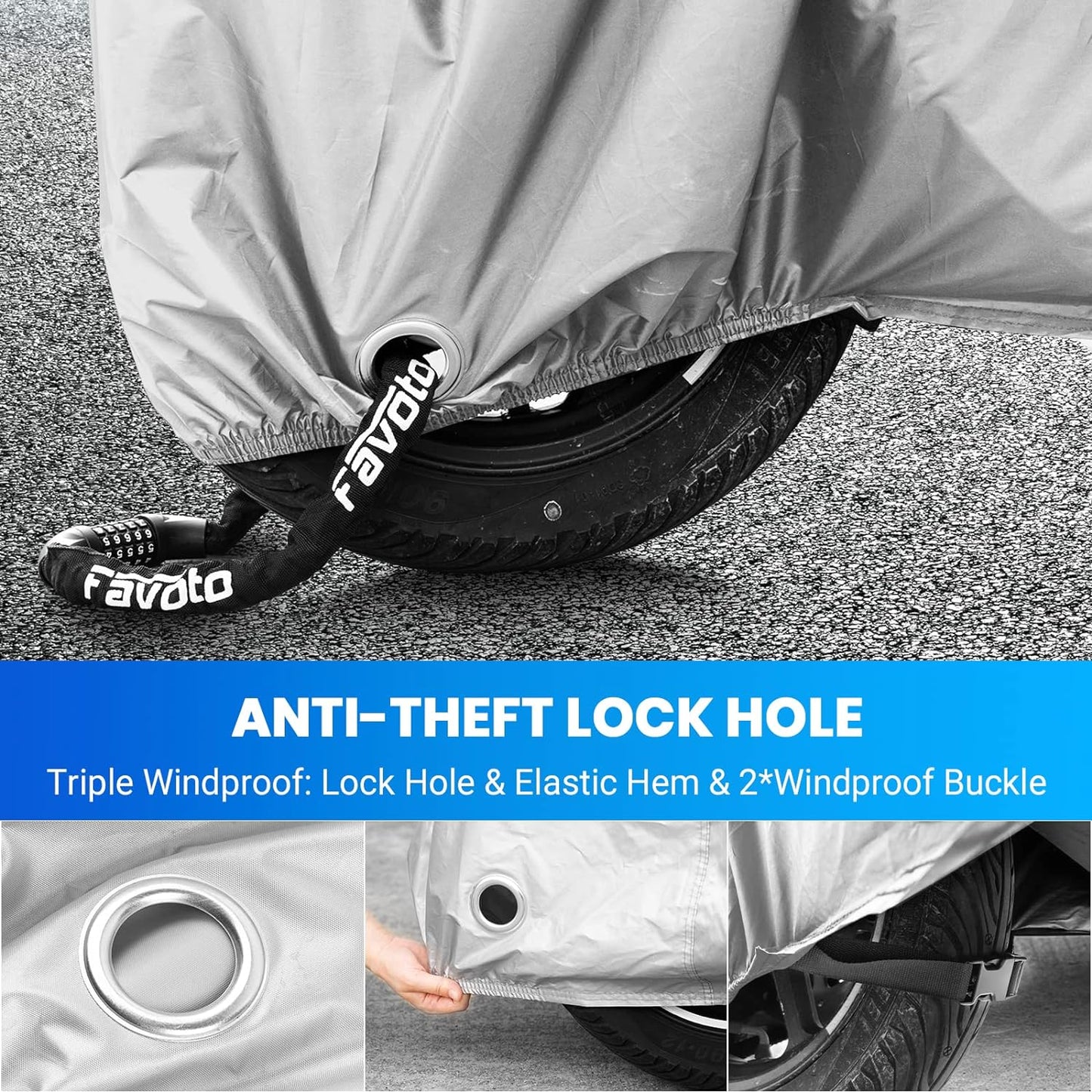 Favoto Motorcycle Cover Waterproof Outoor - Universal Heavy Duty Oxford Fabric with Lock-Hole 3 Night Reflectors Windproof Buckles Storage Bag Rain Dust Sun Protection Silver, 86.6 inch