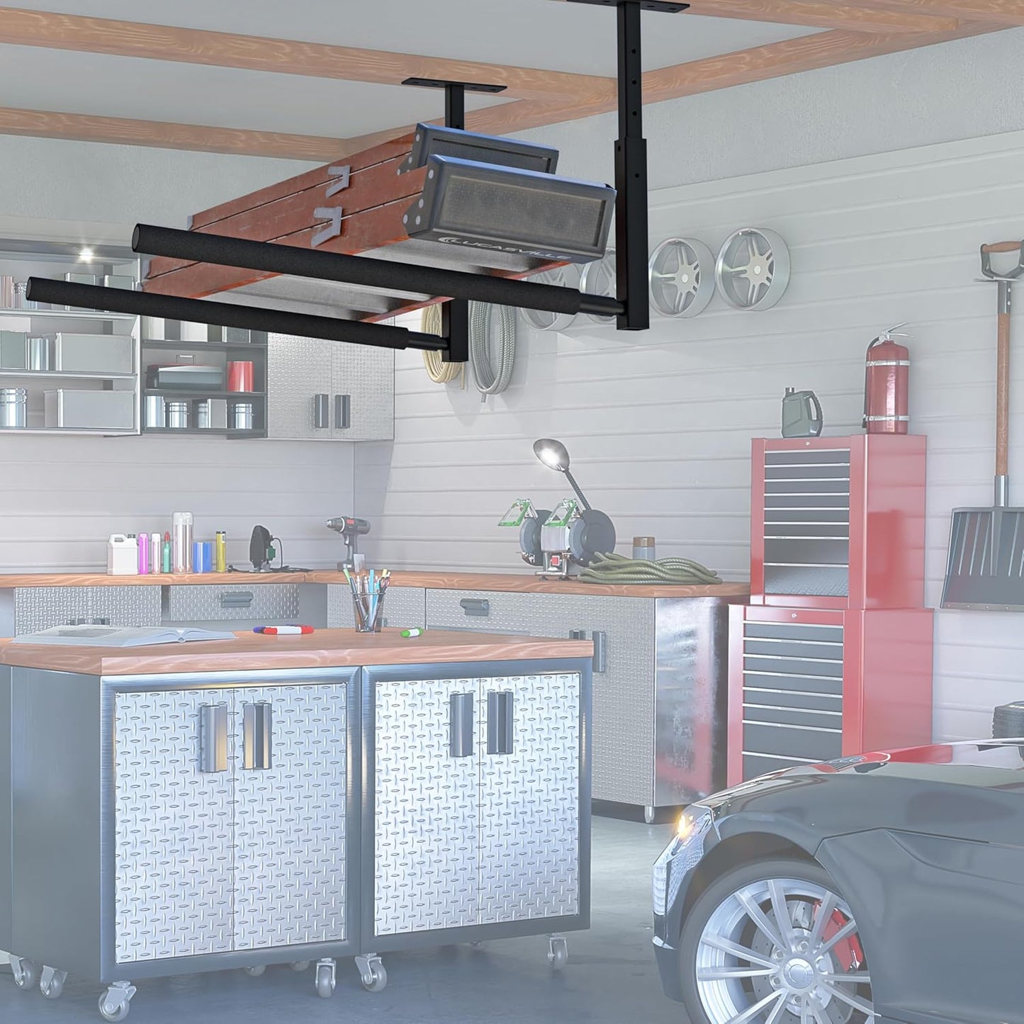 Adjustable Ladder Ceiling Rack, Kayak Overhead Garage Storage Rack, Garage Ceiling Storage for Kayak, Ladder, Surfboard, Snowboar Overhead Hanger, Holds 150 lbs, Black