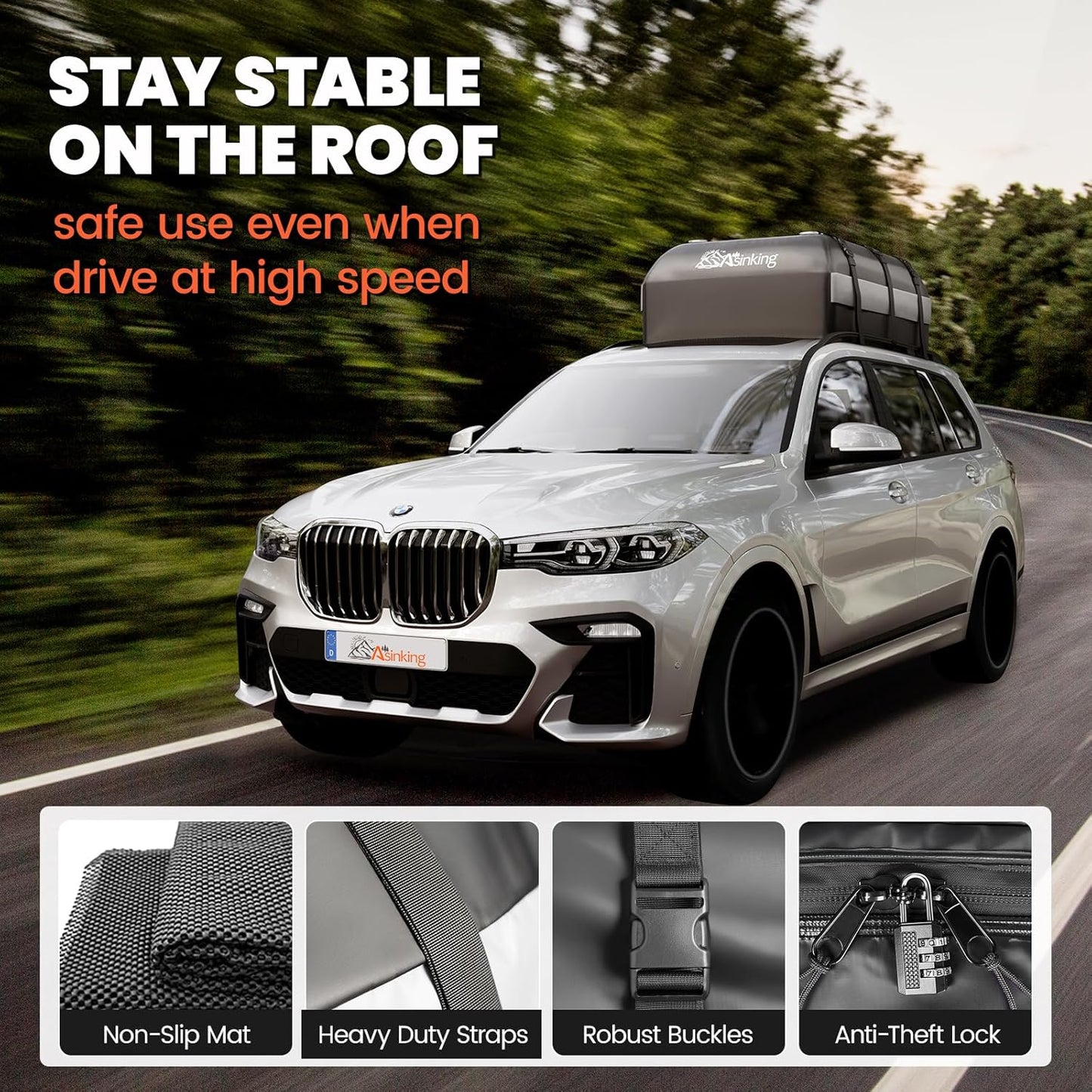 Asinking Car Rooftop Cargo Carrier Bag - 100% Waterproof Heavy Duty Car Roof Luggage Carrier 15 Cubic Feet, Fits All Vehicles with/Without Roof Rack - Easy Install & Triply Reinforced for Secure Use