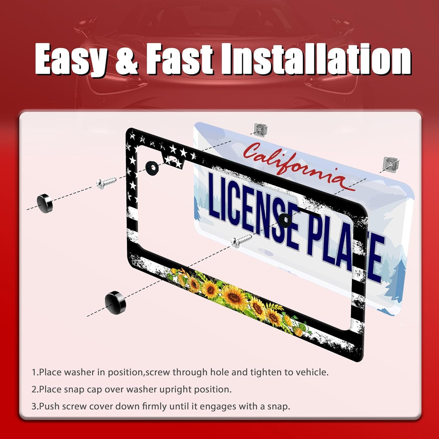 American Flag Sunflower License Plate Frame Patriotic Floral License Plate Frames for Car Decorative Parts Stainless Stee License Plate for Standard Us Canada Funny License Plate Holder 12x6 Inch