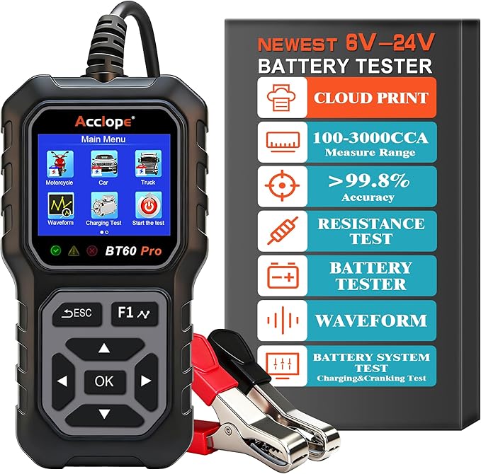 BT60 Pro Car Battery Tester, Digital Analyzer with Cloud Printing, 6V/12V/24V Battery Checker for AGM, Lithium, Gel Batteries, 100-3000 CCA Range, Automotive Charging System