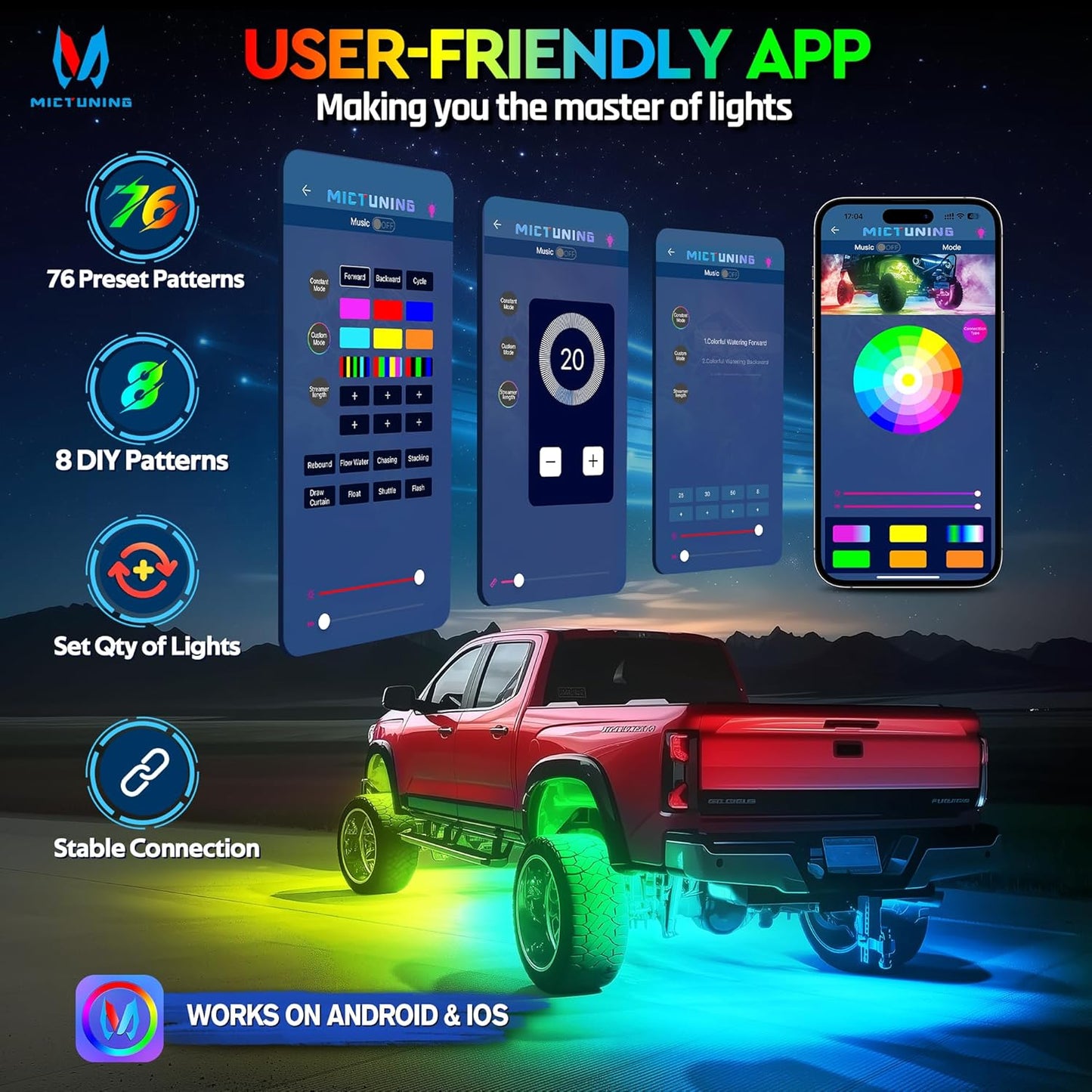 MICTUNING C2 MAX RGB+IC LED Rock Light with White Housing - 16 Pods Chasing Color Underglow Lights Kit, Dynamic Lighting Modes, APP Control, IP68 Waterproof, DIY Effect, Up to 24pods Extensible