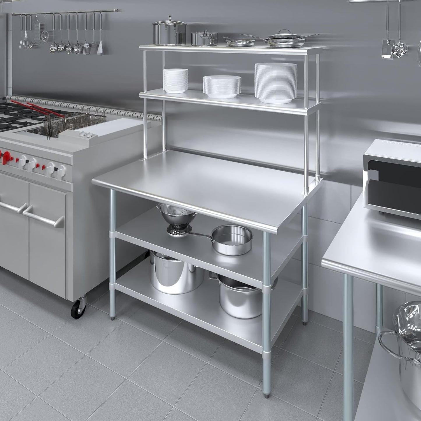 Amgood Stainless Steel Work Table with 2 Shelves | 30" x 48" Table with 2 Shelves + 12" Overshelf