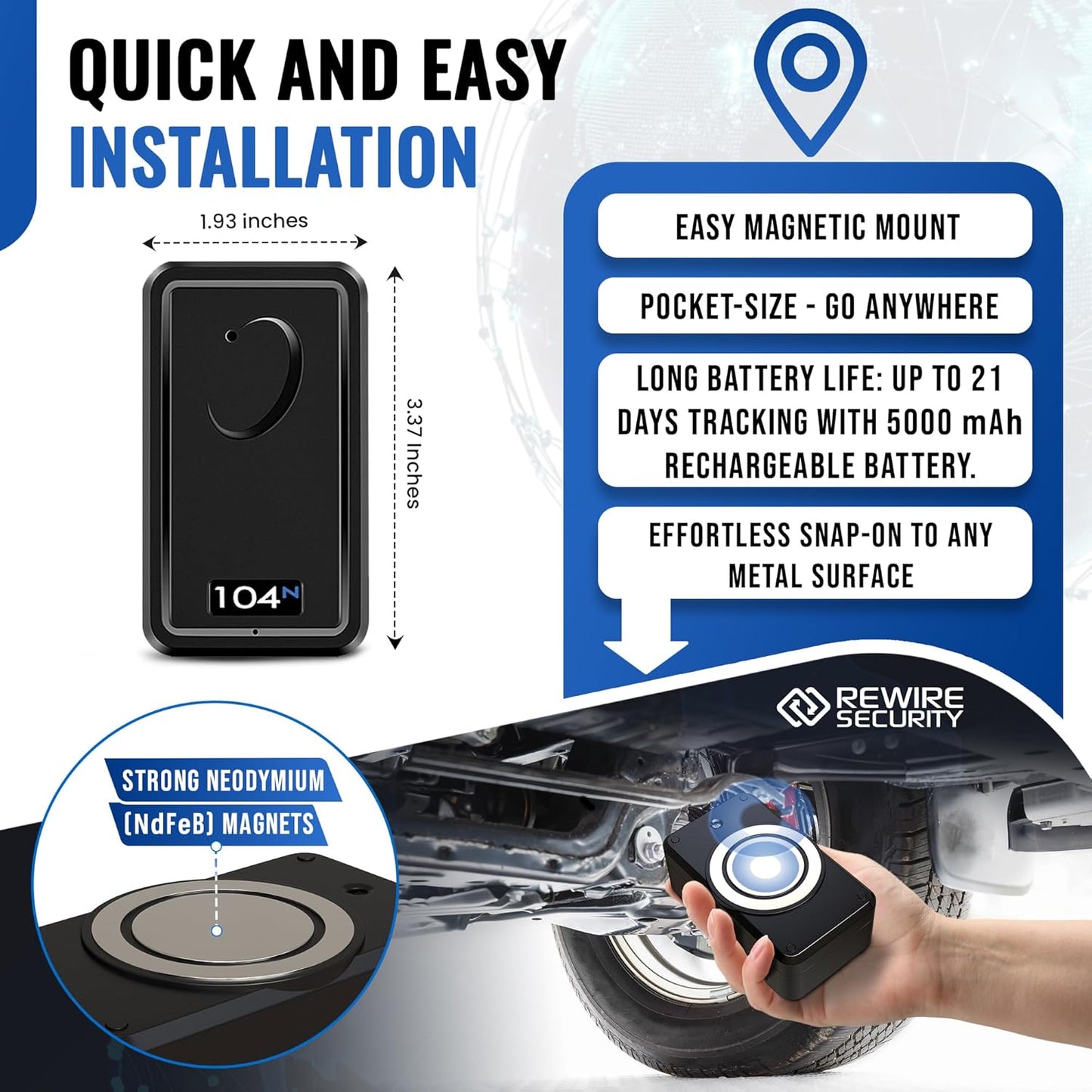 REWIRE SECURITY 104N 4G Magnetic GPS Tracker for Vehicle | Easy Mount | Fits with Car, Truck, Van & Motorbike | Portable Live Tracking | Up to 21-Day Battery Life | Low Cost Subscription Plans