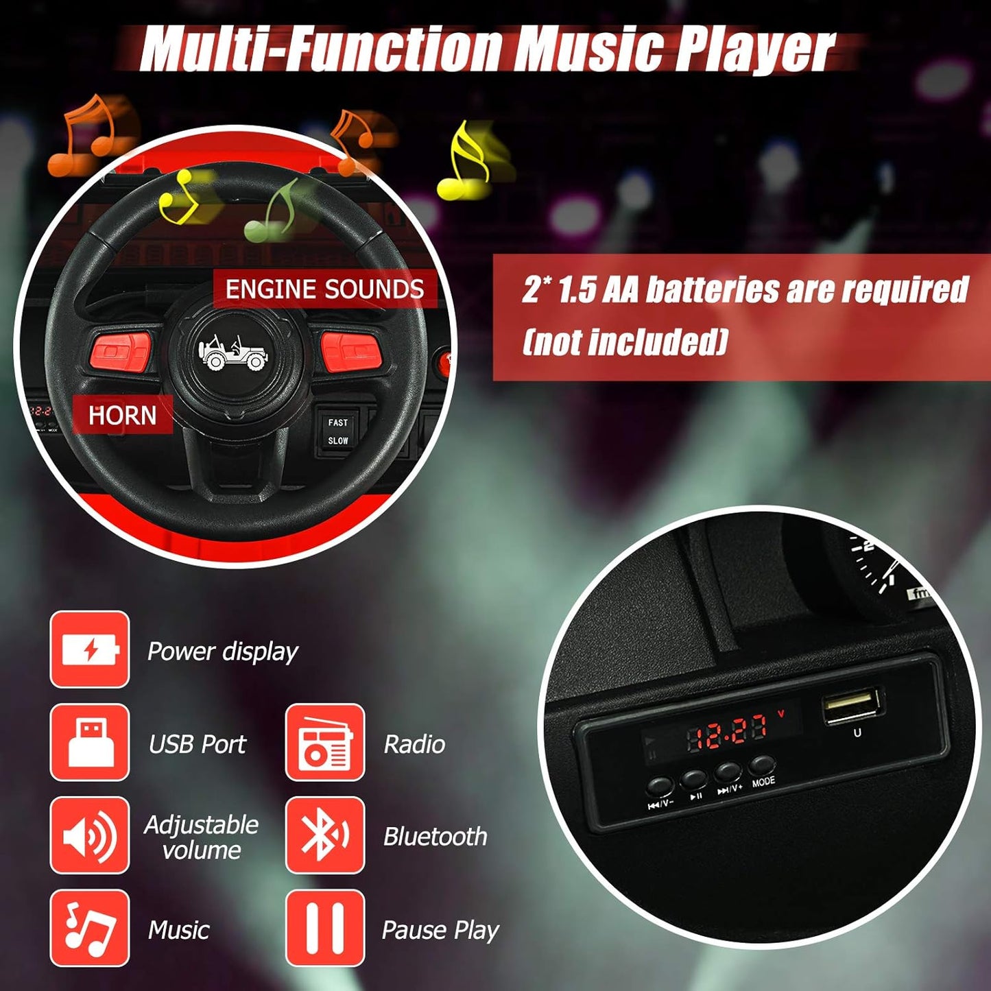 INFANS Kids Ride on Car Truck with 2.4G Remote Control, 12V Battery Powered Electric Cars for Kids w/3 Speeds, Battery Display, LED Lights, Safety Belt, Music & Horn, Bluetooth/FM/USB (Red)